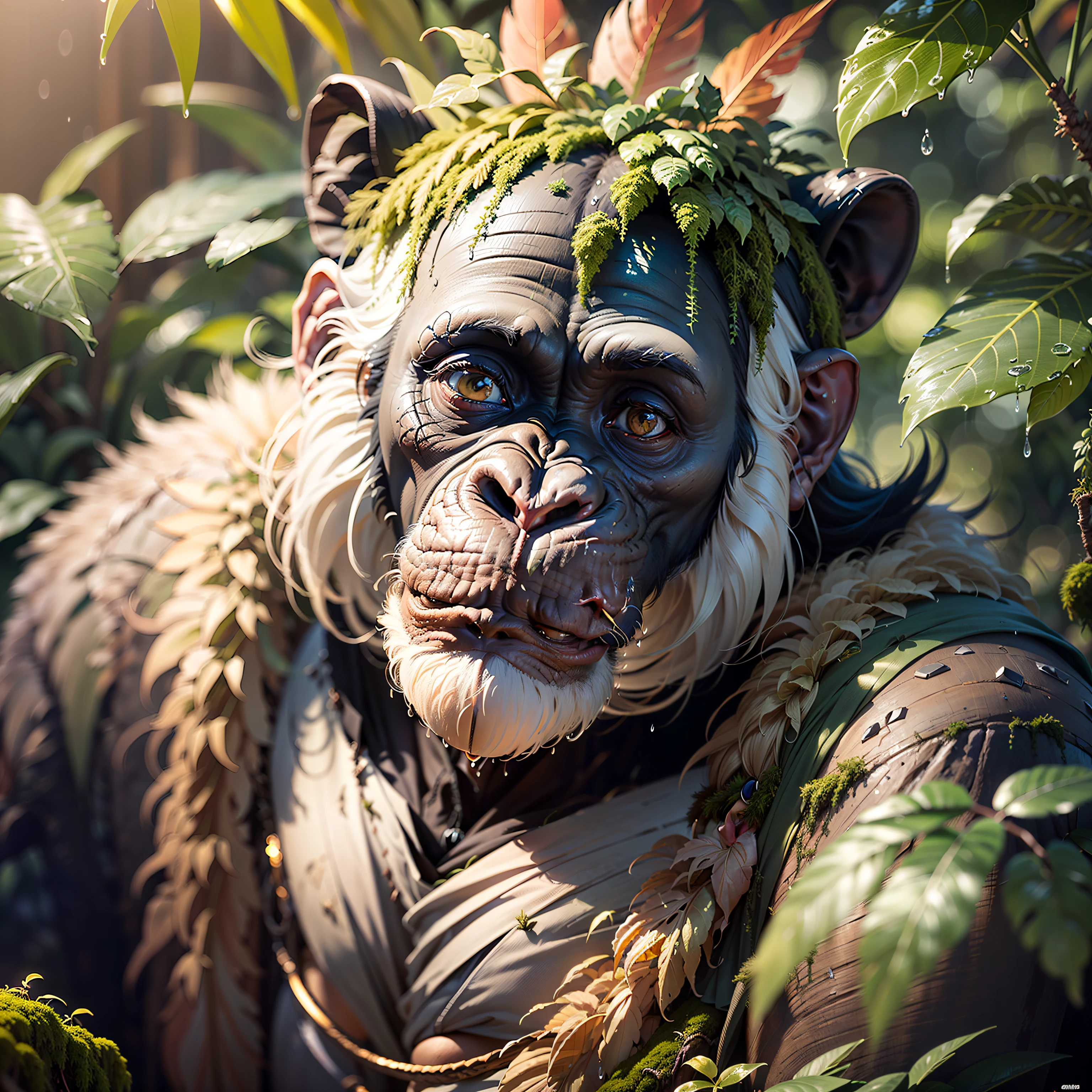 Chimpanzee praying in a dense jungle, he wears headdress with colorful feathers on his head, around him many wet foliage after heavy rain,,((masterpiece)))), (((best quality))), (((ultra-detailed)), (hyper-realistic), (highly detailed CG illustration), cinematic light, photorealistic, moss on the ground