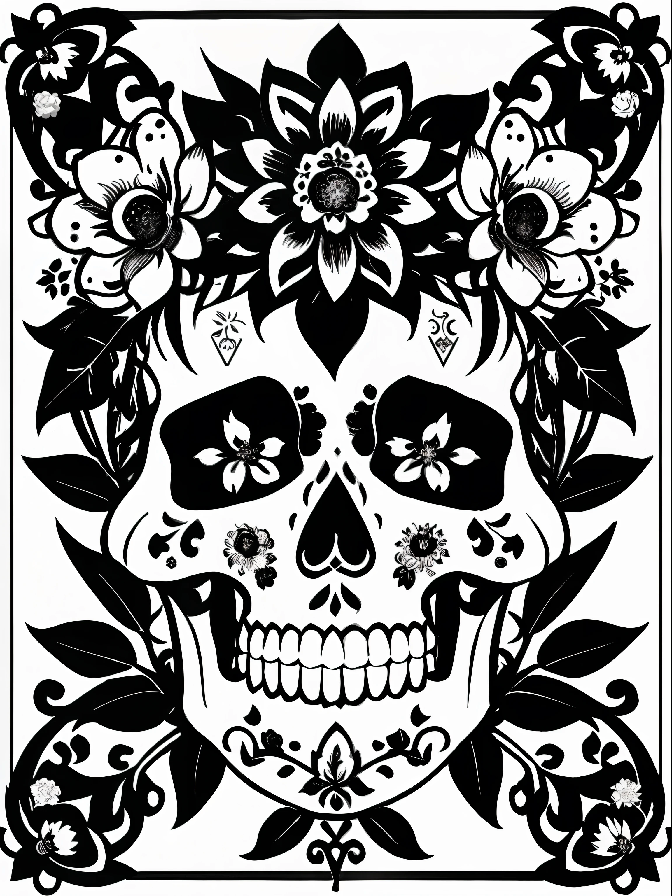 (Best quality), (masterpiece), (ultra detailed), (high detail), (extremely detailed), decorated sugar skull + black and white ink + detailed texture + magic + symmetrical + symmetry + bouquet of flowers + flowers + vines + detailed ink illustration + rebirth symbols + tarot card with ornate border frame + dark atmosphere + flowers + white, black and white background, coloring page, vector, black and white, 32k