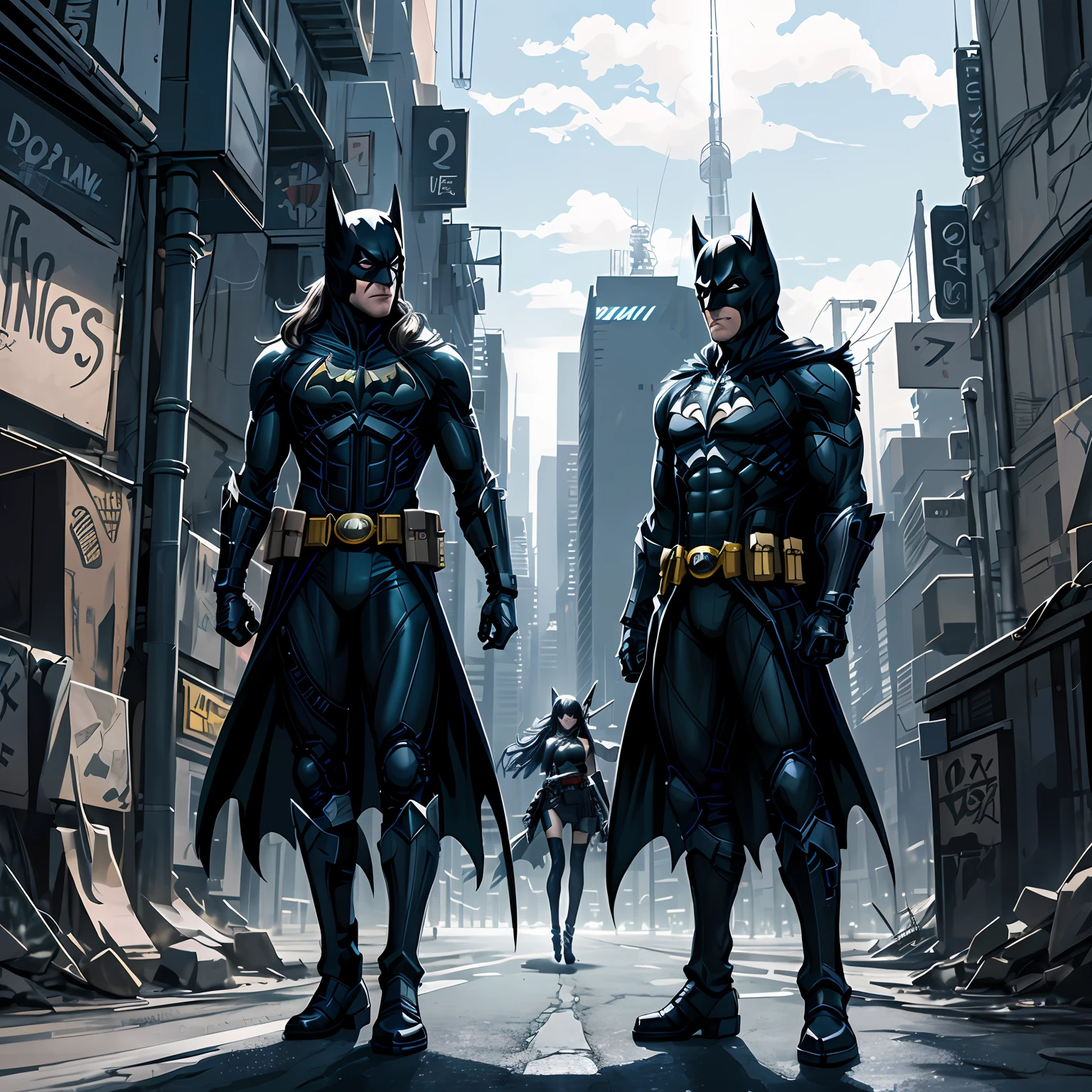 araffed woman in a batman suit standing in front of a building, batman, as batman, cyberpunk batman, batman, hq 4k wallpaper, emma watson as batman, cinematic body, filmed cinematic full body, hero pose colorful city lighting, marvel style, covered in full metal armor, 4k phone wallpaper --auto
