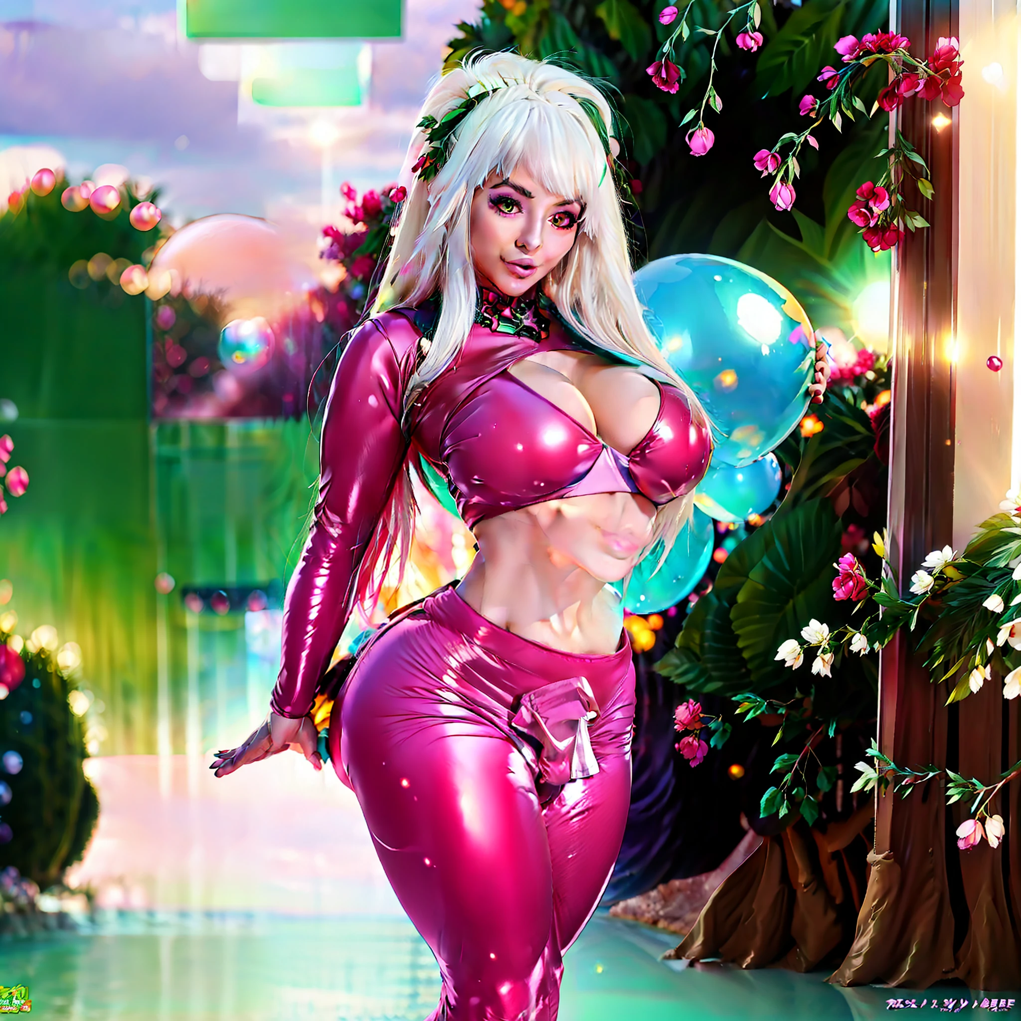 realistic, Japanese, 2 girls, thick long white hair with Fuchsia and red streaks, purple eyes, glowing eyes, smirking, crop top, tight mini skirt, blue leggings, parted lips, blush, night, flowers, sun, sunlight, massive big breasted bimbo, Green and sea blue colored armored spacesuit with logos, massive(inflating bubble gum, blow bubble), thick pouty bright pink lips, massive(erection under clothes), futa bulge, bulge, Side Triceps posing,🌄🌅sky, roman villa, behance, pixiv, artstation, reflections,8k,4K, ☀️🔥🌌💎💯🔝
