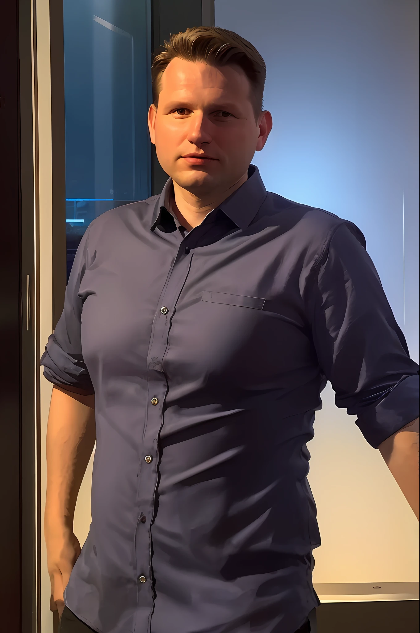 slawomir mentzen 1boy man, best quality, masterpiece, photo realistic photorealistic, indoors, shirt, cinematic lighting, upper body