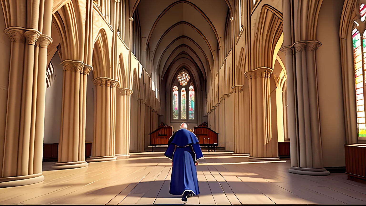 Masterpiece, photorealistic art of the Pope walking (Little Old Man
Gothic cathedral (interior)),
unreal engine 5 environment, architectural digital art, Artstation,
by Jonny Valiant,, 8k resolution, detailed, focus,
