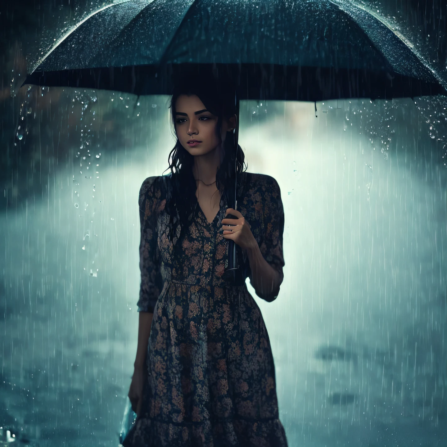 arafed woman in a dress holding an umbrella in the rain, pretty girl standing in the rain, raining portrait, under rain, rainy mood, standing in the rain, in the rain, dramatic rain, like tears in rain time to die, by irakli nadar, rainy weather, it's raining, heavy raining, while it's raining, raining