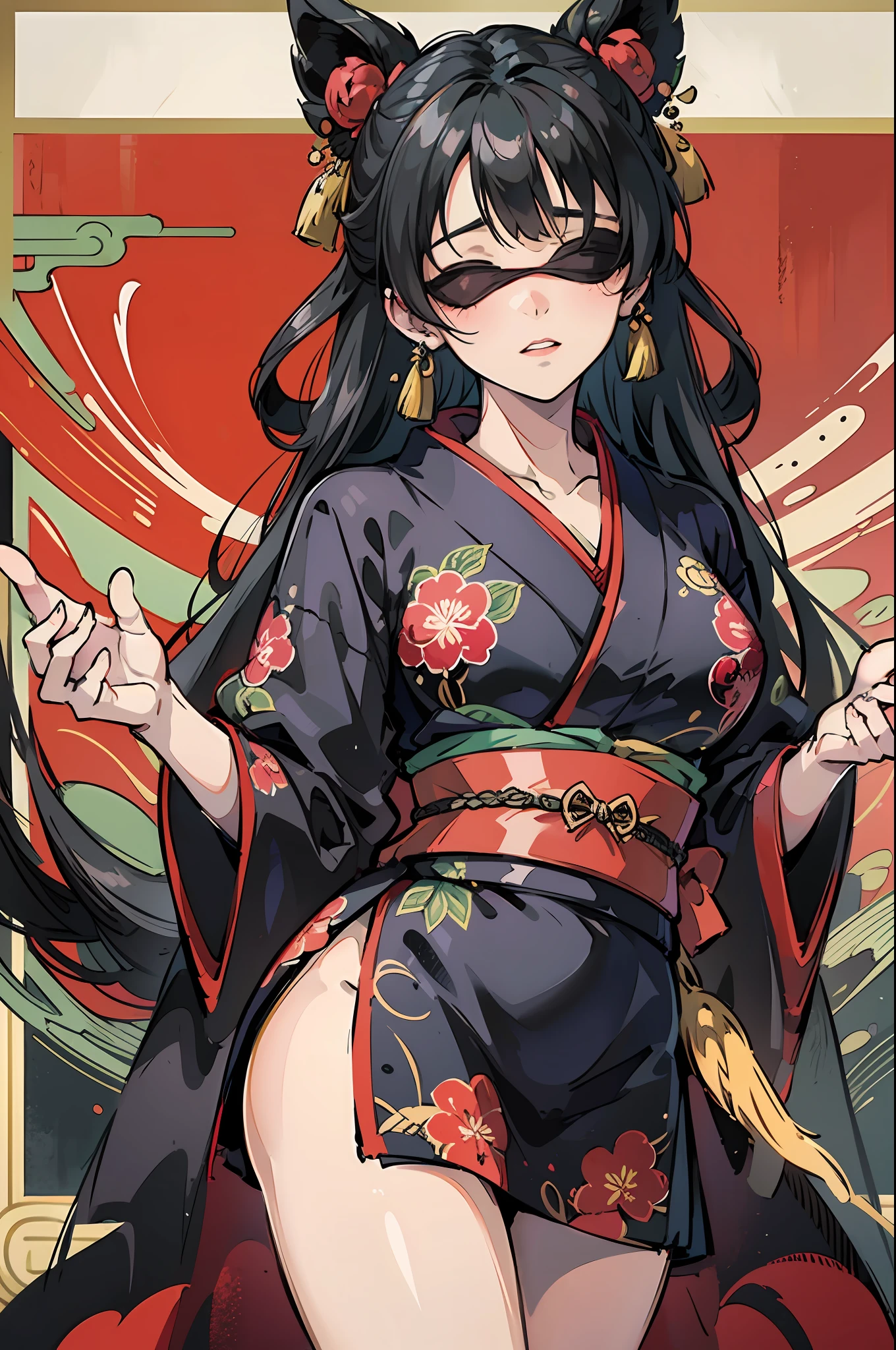 Anime character dressed in black and red kimono, Morikage Kusumi, ((black cloth blindfold with a large first picture)), pixiv, Shinhanga, Style Art Gem, Kimono, Miniskirt, Robe, Japanese Gothic, Thighs, Art Germ style, Highly Detailed Art Germ, Krenzkushat and Art Germ, flowing robe, Portraits of characters inspired by Kushatkents --auto