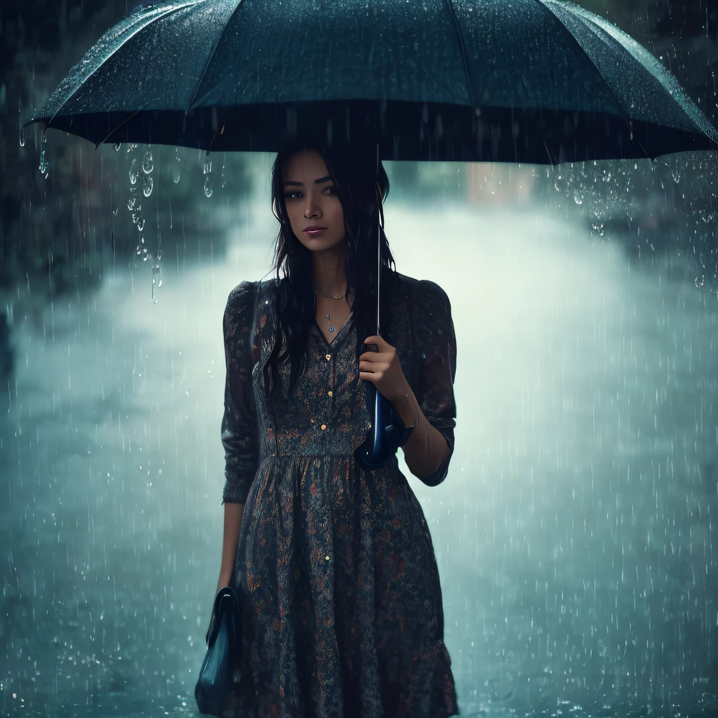 arafed woman in a dress holding an umbrella in the rain, pretty girl standing in the rain, raining portrait, under rain, rainy mood, standing in the rain, in the rain, dramatic rain, like tears in rain time to die, by irakli nadar, rainy weather, it's raining, heavy raining, while it's raining, raining
