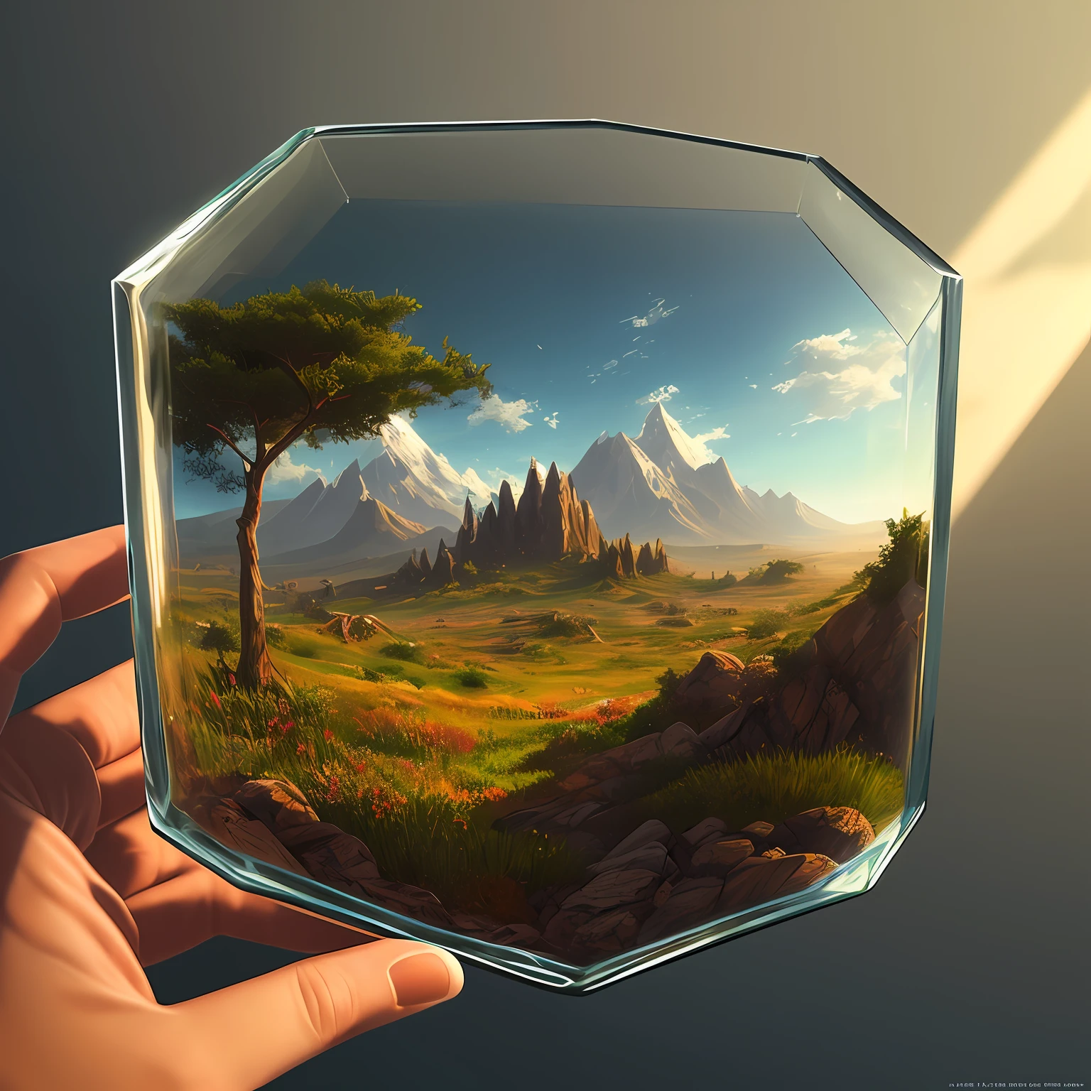 cinematic universe inside of a glass cube, sharp focus, concept art, very detailed, very realistic, trending on artstation, in the style of ALBERT BIERSTADT