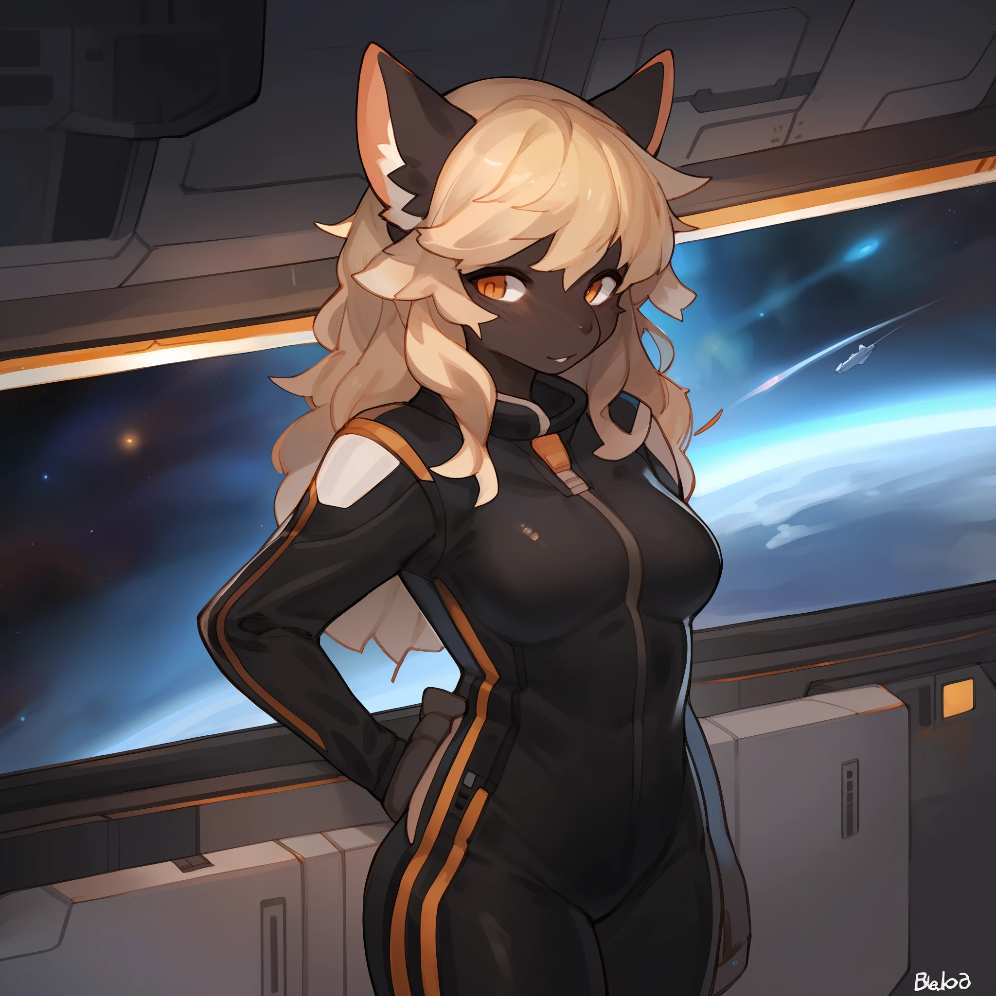 By buta99, by bebebebebe, by chelodoy, solo, female, standing, medium breasts, blonde hair, medium hair, wavy hair, messy hair, orange eyes, detailed eyes, detailed hands, black fur, black body, black face fur, black face, lips, lipgloss, white spacesuit, space, window, spaceship