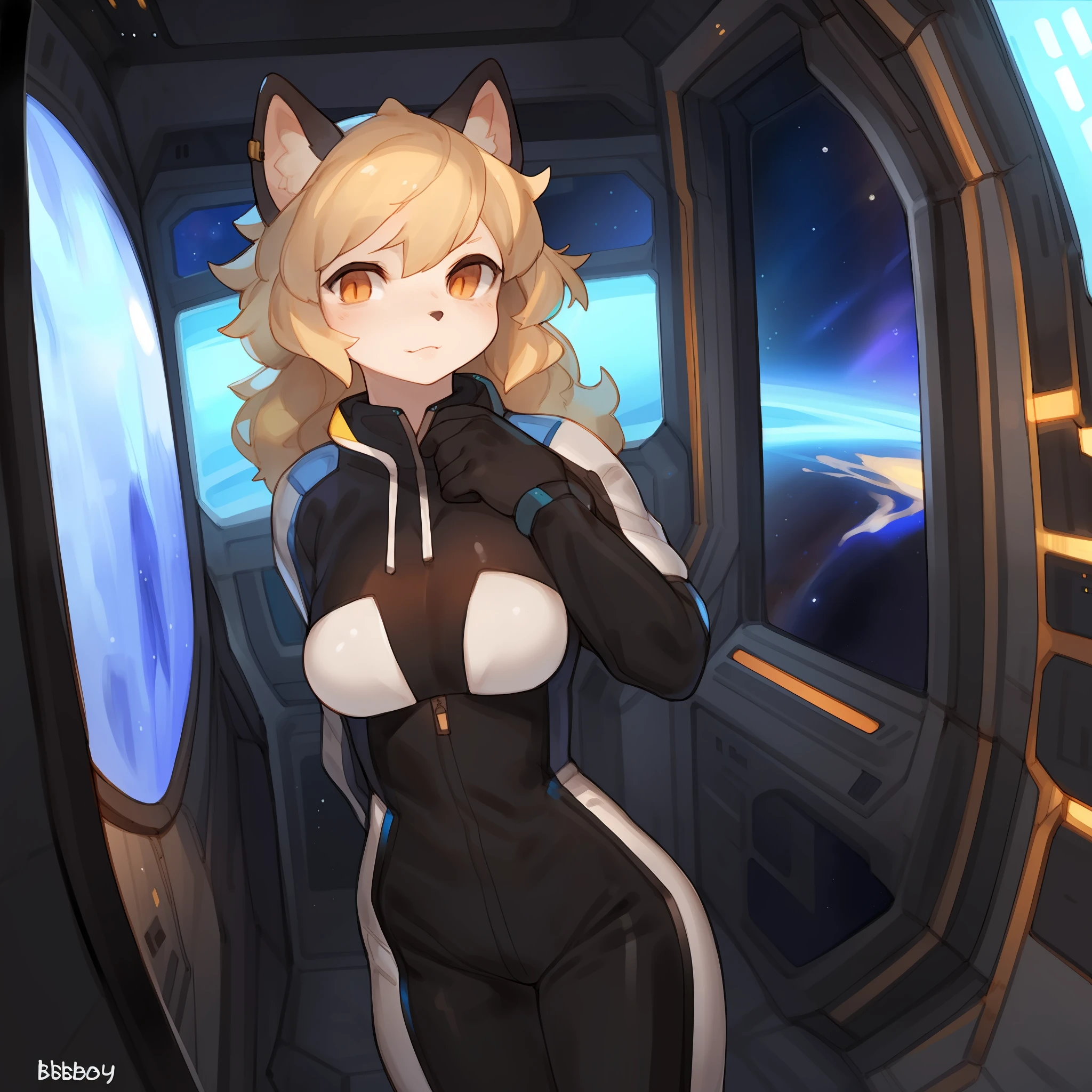 By buta99, by bebebebebe, by chelodoy, solo, female, standing, medium breasts, blonde hair, medium hair, wavy hair, messy hair, orange eyes, detailed eyes, detailed hands, black fur, black body, black face fur, black face, lips, lipgloss, white spacesuit, space, window, spaceship