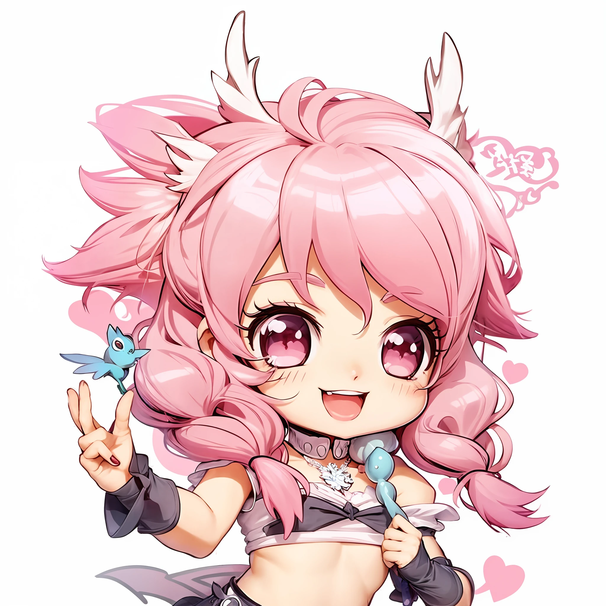 A cartoon girl with pink hair and a pink outfit holding a blue bird, Nyaruko-san, Anime Moe Artstyle, cute! Chibi! Catgirl, Chibi, Anime Chibi, Chibi Monster Girl, Anime Girl Named Lucy, [[[Grinning Evily]]]], Mika Kurai Demon, holding a prudish pose, Anime Cute Catgirl, smile, cheerful face