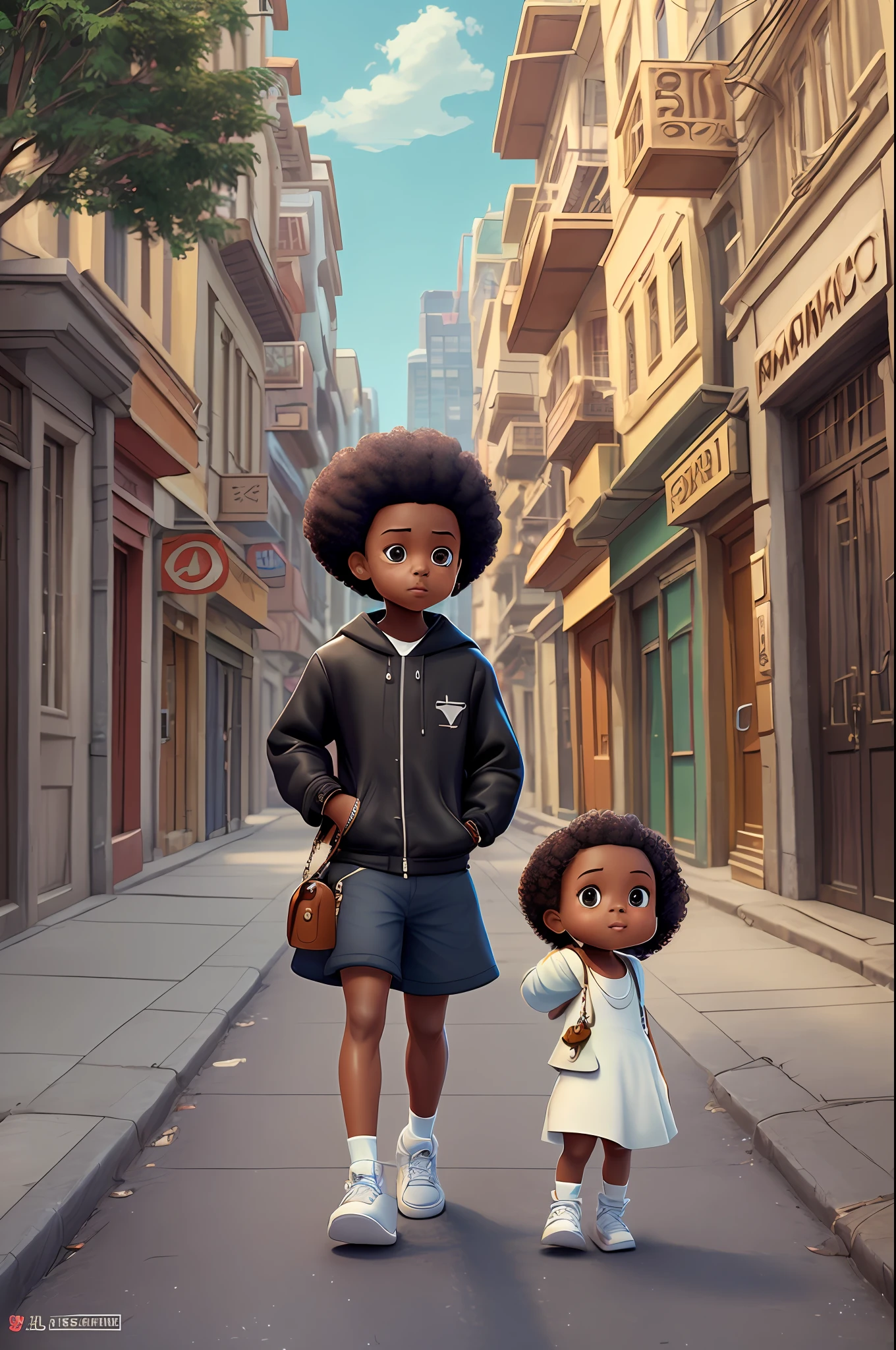 3D a cartoon character holding a small dog on a city street, black girl, movie artwork, clean photo, ghailan!, as a pixar character, cute young man, afro hair, grace and blessing, rendered in unreal, movie promotional image, rendered image --auto --s2