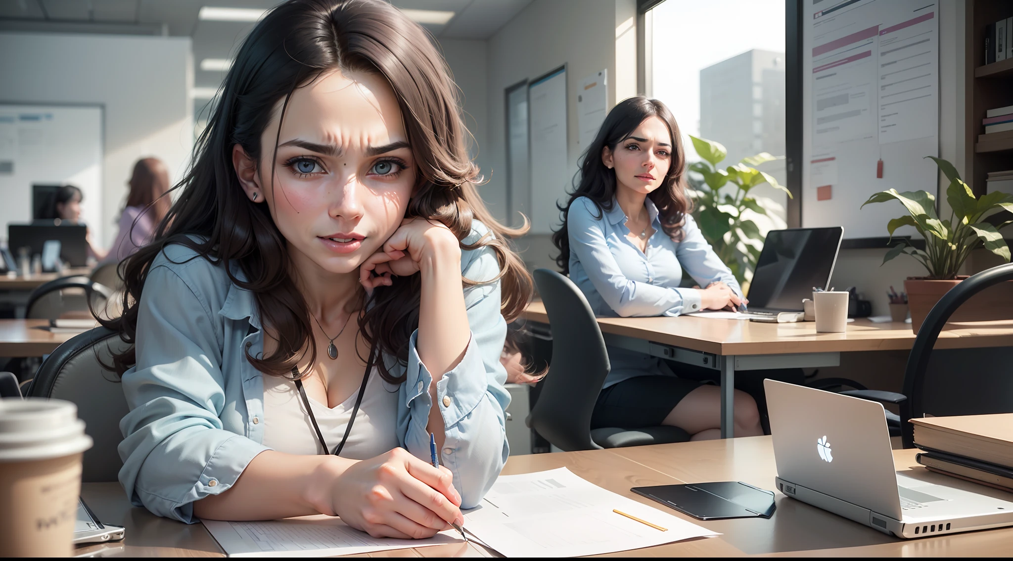 (two women), sitting at a desk with laptops, (a woman with a frustrated expression), (another woman with a happy expression), (beautiful and detailed face), working in an office, in front of a computer, co-workers