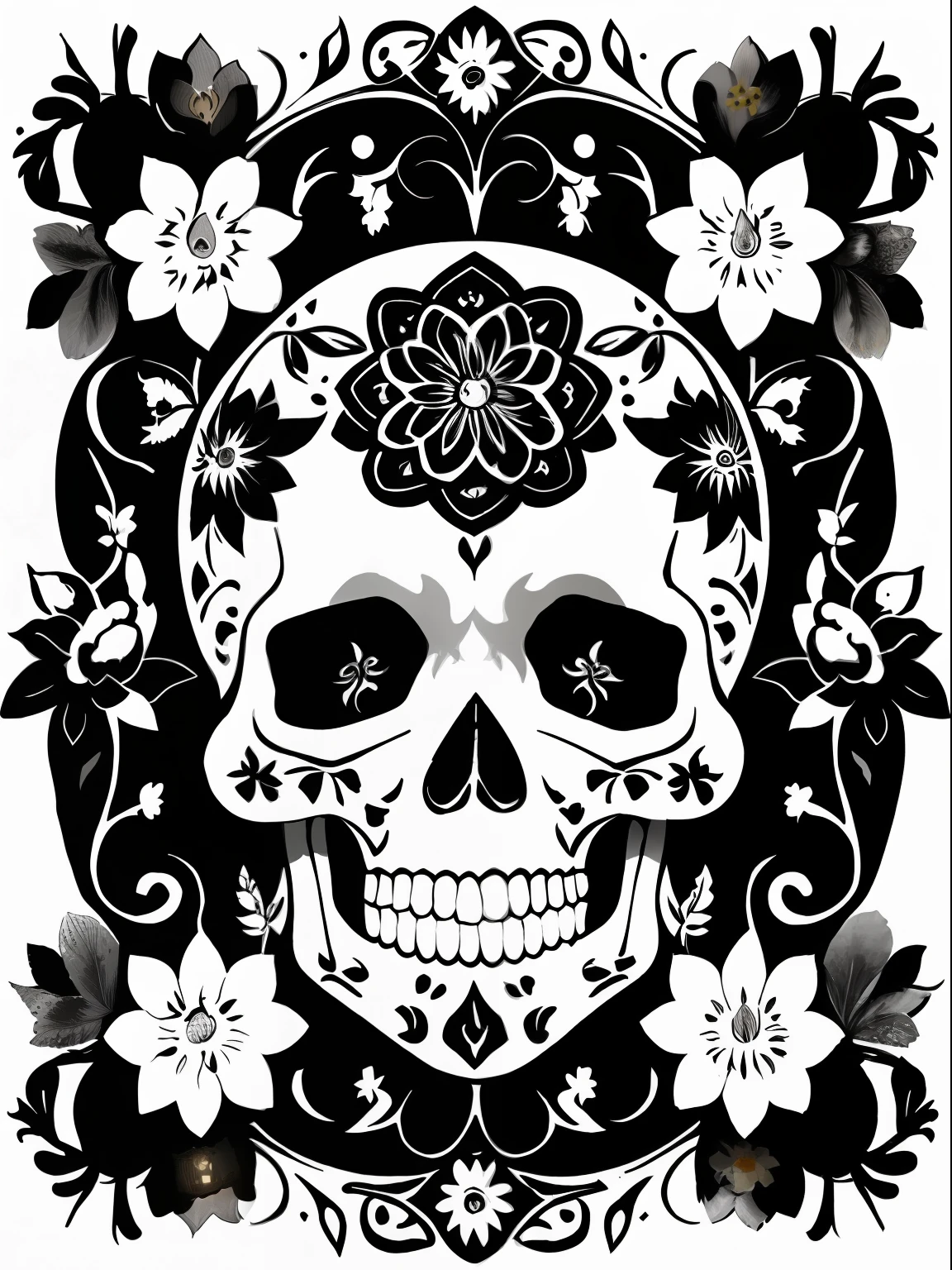 (Best quality), (masterpiece), (ultra detailed), (high detail), (extremely detailed), decorated sugar skull + black and white ink + detailed texture + magic + symmetrical + symmetry + bouquet of flowers + flowers + vines + detailed ink illustration + rebirth symbols + tarot card with ornate border frame + dark atmosphere + flowers + white, black and white background, coloring page, vector, black and white, 32k