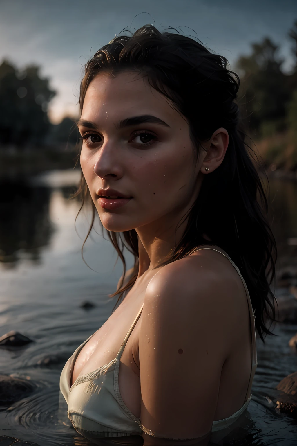 RAW, Half body of a beautiful 25-year-old woman, brunette, hard breasts, (pores), (dirty face), bathing in a clear river, dusk, (backlight), realistic, masterpiece, high quality, lens reflection, shadow, flower, (skin with realistic pores), dark, (night), matte, raw colors, real,nikon d850 film stock photography 4 kodak portra 400 camera f1.6 colors rich in hyper realistic lenses realistic texture dramatic lighting unrealengine trending on artstation cinestill 800 (epiCRealism), ((perfect))