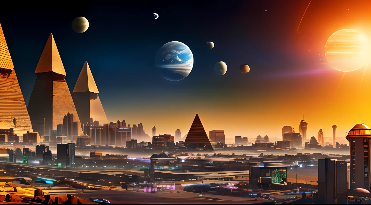 GOLDEN EGYPT CYBERPUNK, FUTURISTIC CITY WITH INVERTED PYRAMIDS IN THE SKY, GOLDEN ART DECO, SUNRISE, PLANETS IN THE SKY --auto