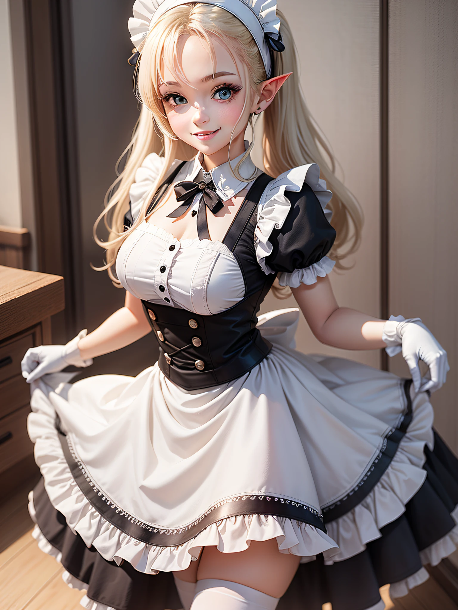 Elf, Girl, Platinum Blonde,Twin Tails, Blue Eyes, Smiling, Maid Outfit with Short Sleeves Puff Sleeves Short Skirt in Solid Black, Maid Outfit with White Cuffs with White Sleeves, Maid Outfit Collar White, Apron Up to Chest with White Apron, Ruffles on Shoulders, Head headband with white ruffles, White Satin Gloves, White Tights, Panniers, Cartessy, Lift Skirt for Greeting