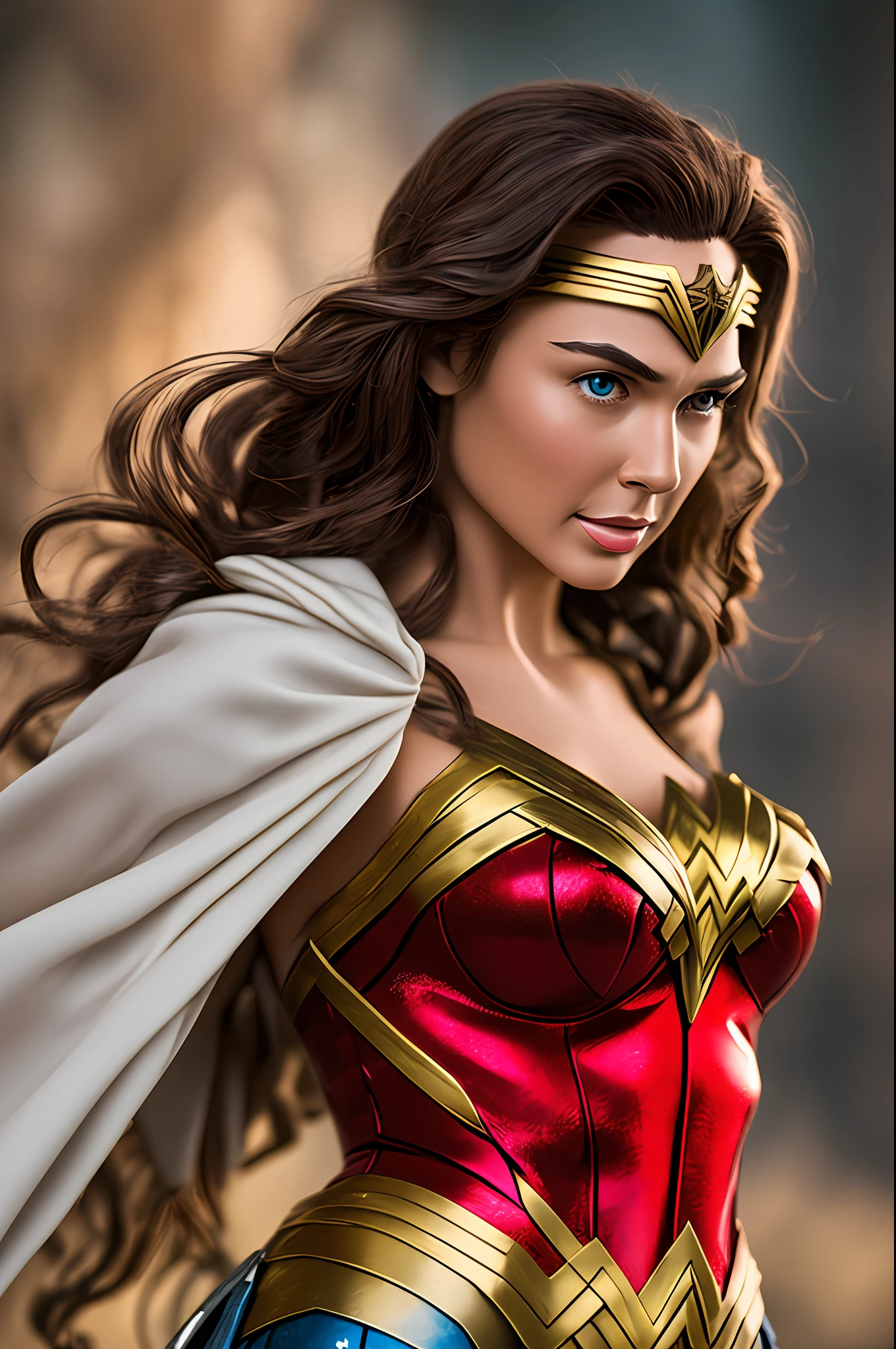 wonder woman, golden and white suit, photorealistic, 50mm camera, full hd, flying --auto --s2