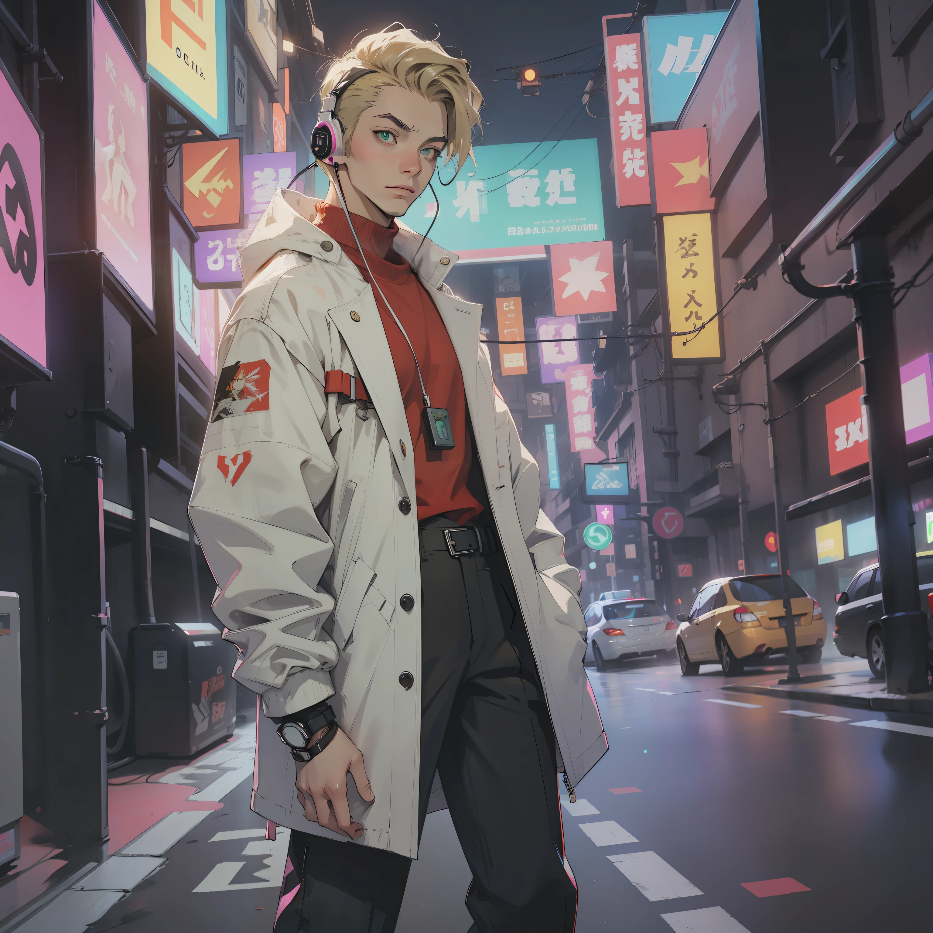 cartoon of a full body portrait of the character, unrealistic character concept, digital character illustration, man walking around with headphones and holding a cell phone, 17 year old boy, model, fashion, cyberpunk, hip hop, holographic headphone, cyberpunk cell phone, big sneakers, neon sneakers, white coat, red shirt, tailoring pants, green eyes, ((super short hair)), undercut hair, blonde, thin, tall