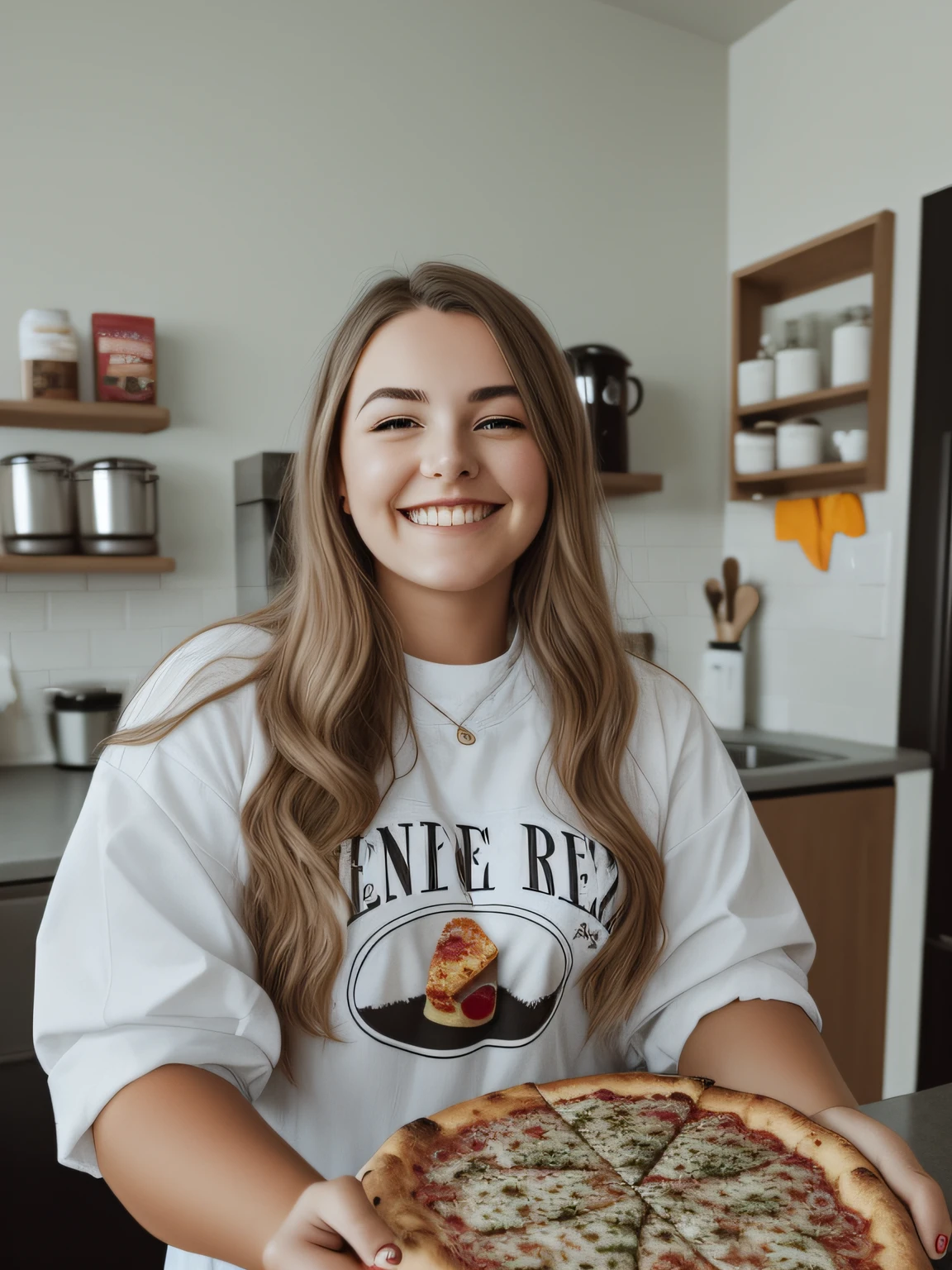 smiling woman holding a pizza in a kitchen with a counter, full subject shown in photo, emily rajtkowski, by Robbie Trevino, sitting in a cafe, photo taken in 2 0 2 0, slightly smiling, looking straight to camera, very slightly smiling, photo of young woman, she is smiling and excited, wearing rr diner uniform, slightly dirty face