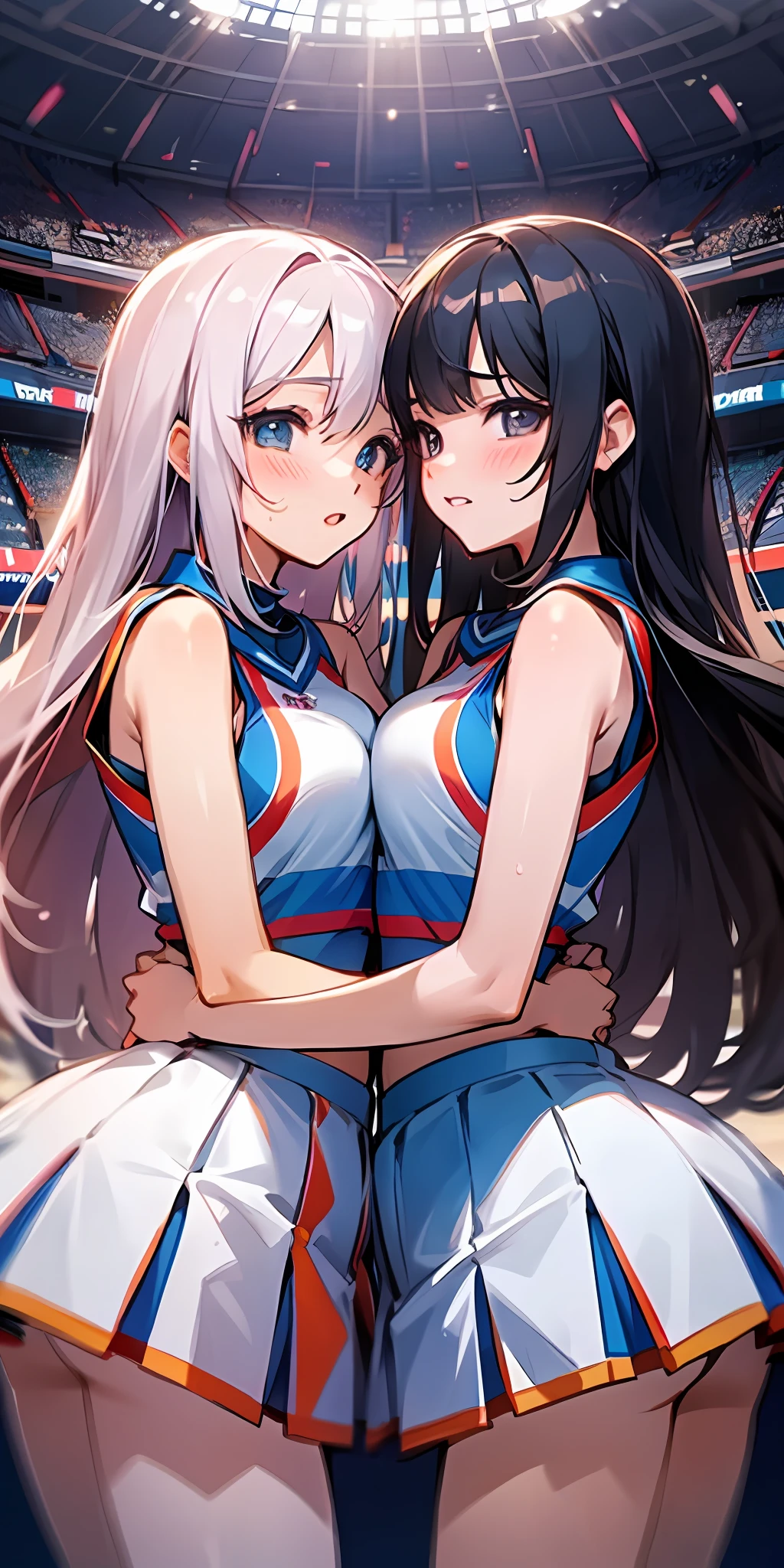 master-piece,hyper quality, hyper detailed,perfect drawing,two beautiful girls, cheerleader, sleeveless shirt, miniskirt, ansko, pom-pom, lovers, staring at each other, hugging each other's breasts pressing, staring at each other, moist eyes, half-open lips, beautiful, blush (0.2), sensual, seductive, ecstasy, indulgence, bust up, forward lighting, beautiful background, stadium, shot from the front diagonally below, precise drawing, detailed drawing, accurate human body structure,