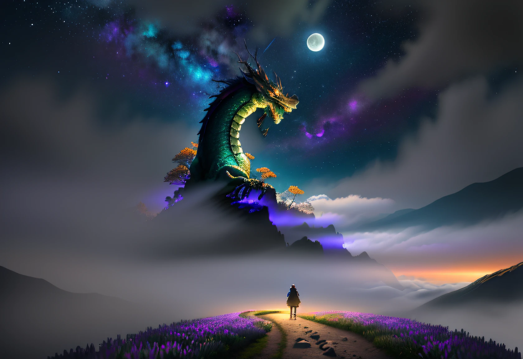 Vast landscape photos, (view of the sky and wilderness below), boys and girls standing in flower fields looking up, (Full Moon: 1.2), (Meteors: 0.9), (Nebula: 1.3), Distant Mountains, Tree Breaking Making Art, (Warm Light Source: 1.2), (Firefly: 1.2), Lights, Purple and Orange, Intricate Details, Volumetric Lighting BREAK (Masterpiece: 1.2), (Highest Quality), 4K, Super Delicate, (Dynamic configuration: 1.4), Highly detailed and colorful details (rainbow color: 1.2), (Sparkling lighting, atmospheric lighting), Dreamy, magical, (Solo: 1.2), (Ying Dragon God), (Through the clouds), (Top of the mountains), (Complex), (Super Detail), (Starry Sky Background), (Stout Limbs), (Moon Night), (Ultra Clear), (Best Quality),