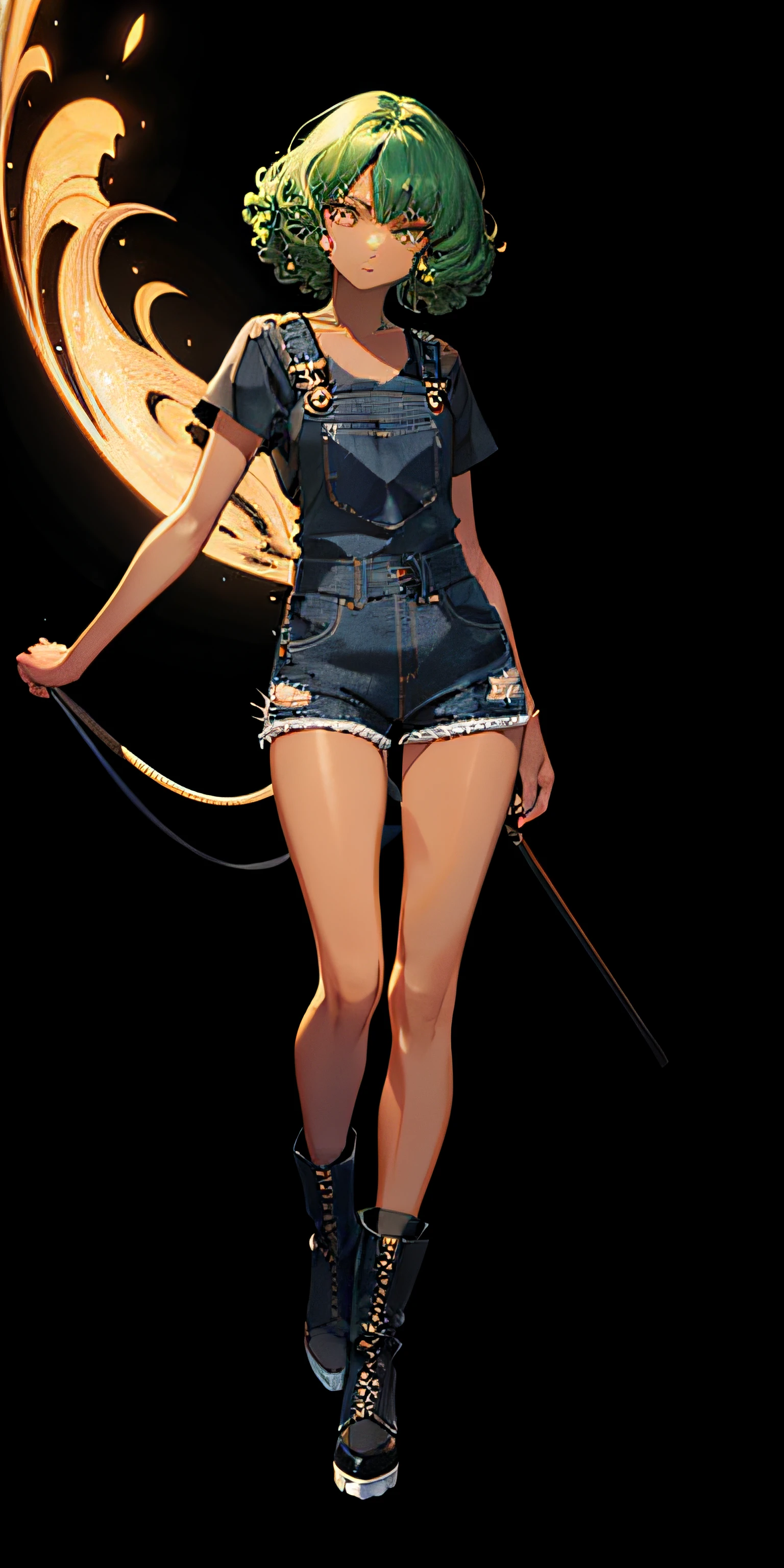 1girl, black boots, earth floor, whit jeans overalls, short_hair, short_sleeves, solo, full_body, boxer_girl, curly_green_hair, detailed_hair, dark_skin, detailed_natural_skin, detailed symmetrical large round magical yellow eyes, black background, soft natural lighting, closed fist