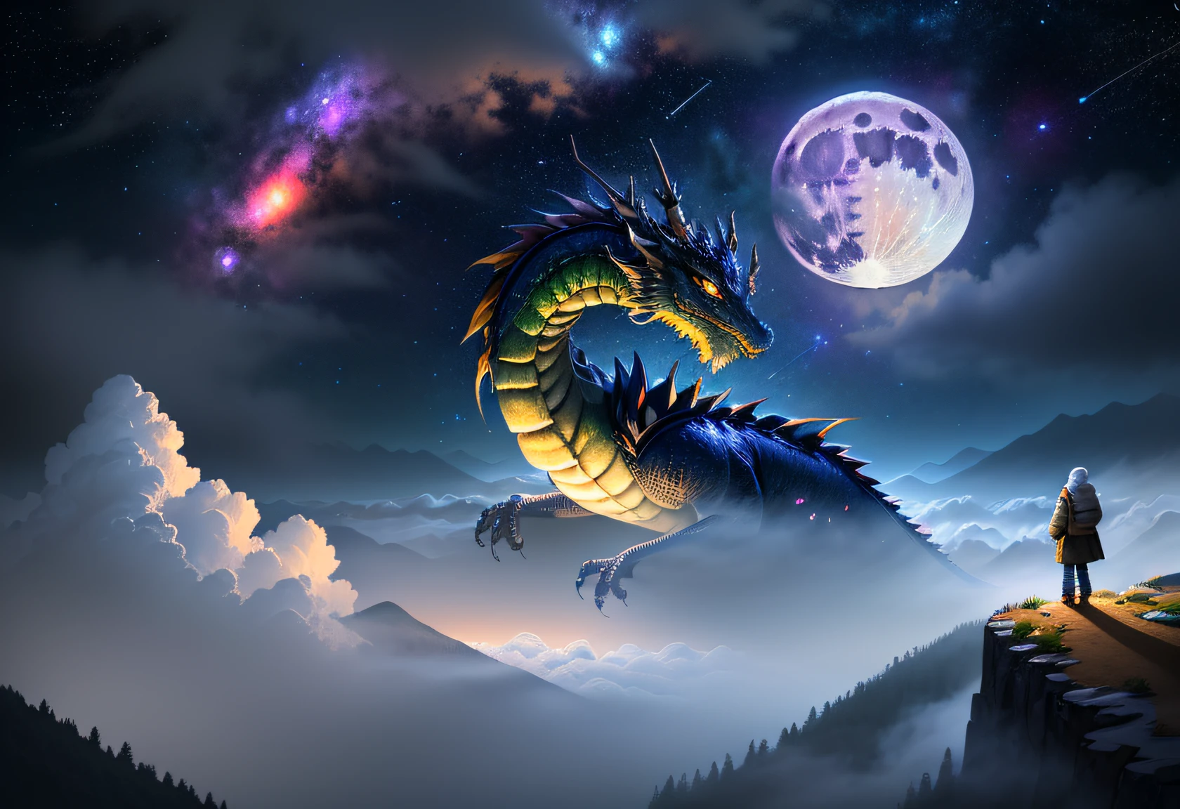 Vast landscape photos, (view of the sky and wilderness below), boys and girls standing in flower fields looking up, (Full Moon: 1.2), (Meteors: 0.9), (Nebula: 1.3), Distant Mountains, Tree Breaking Making Art, (Warm Light Source: 1.2), (Firefly: 1.2), Lights, Purple and Orange, Intricate Details, Volumetric Lighting BREAK (Masterpiece: 1.2), (Highest Quality), 4K, Super Delicate, (Dynamic configuration: 1.4), Highly detailed and colorful details (rainbow color: 1.2), (Sparkling lighting, atmospheric lighting), Dreamy, magical, (Solo: 1.2), (Ying Dragon God), (Through the clouds), (Top of the mountains), (Complex), (Super Detail), (Starry Sky Background), (Stout Limbs), (Moon Night), (Ultra Clear), (Best Quality),