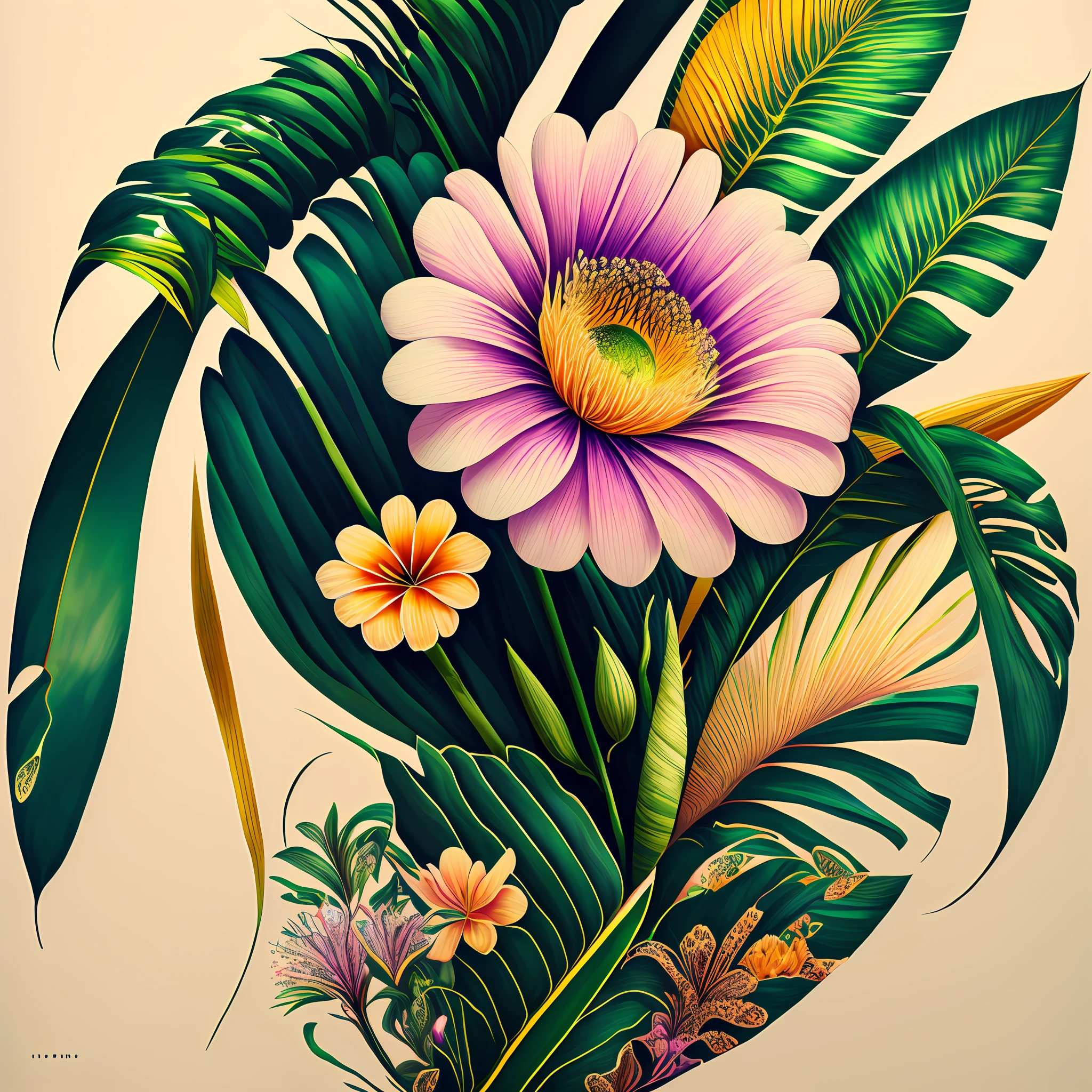 floral print, Benjamin Vnuk, tropical flowers, photorealistic exotic printing, floral explosion, exotic flora, graphic printing, Nicholas, Charles, tropical style, floral dream, Sascha Schneider, floral!, floral motifs, (tropicalism), Douglas Hoffman, very realistic, elegant tropical prints, psychedelic --auto