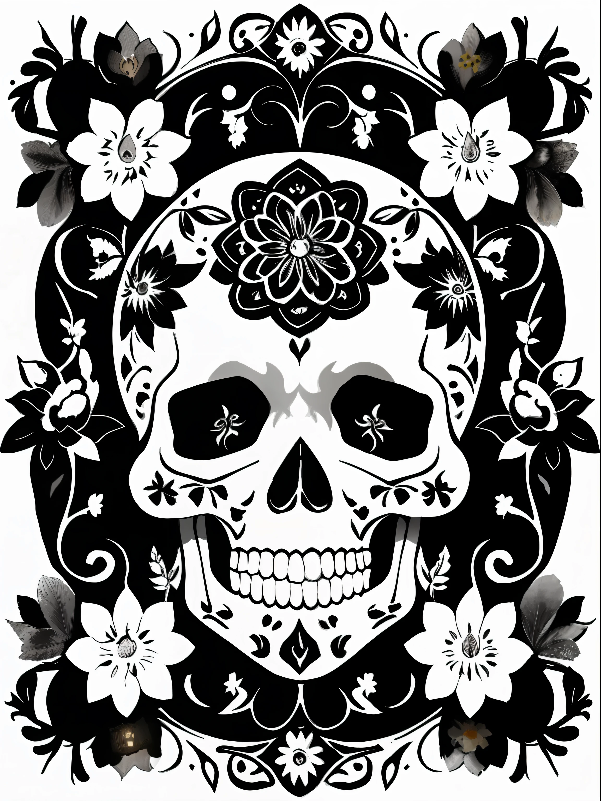 (Best quality), (masterpiece), (ultra detailed), (high detail), (extremely detailed), decorated sugar skull + black and white ink + detailed texture + magic + symmetrical + symmetry + bouquet of flowers + flowers + vines + detailed ink illustration + rebirth symbols + tarot card with ornate border frame + dark atmosphere + flowers + white, black and white background, coloring page, vector, black and white, 32k