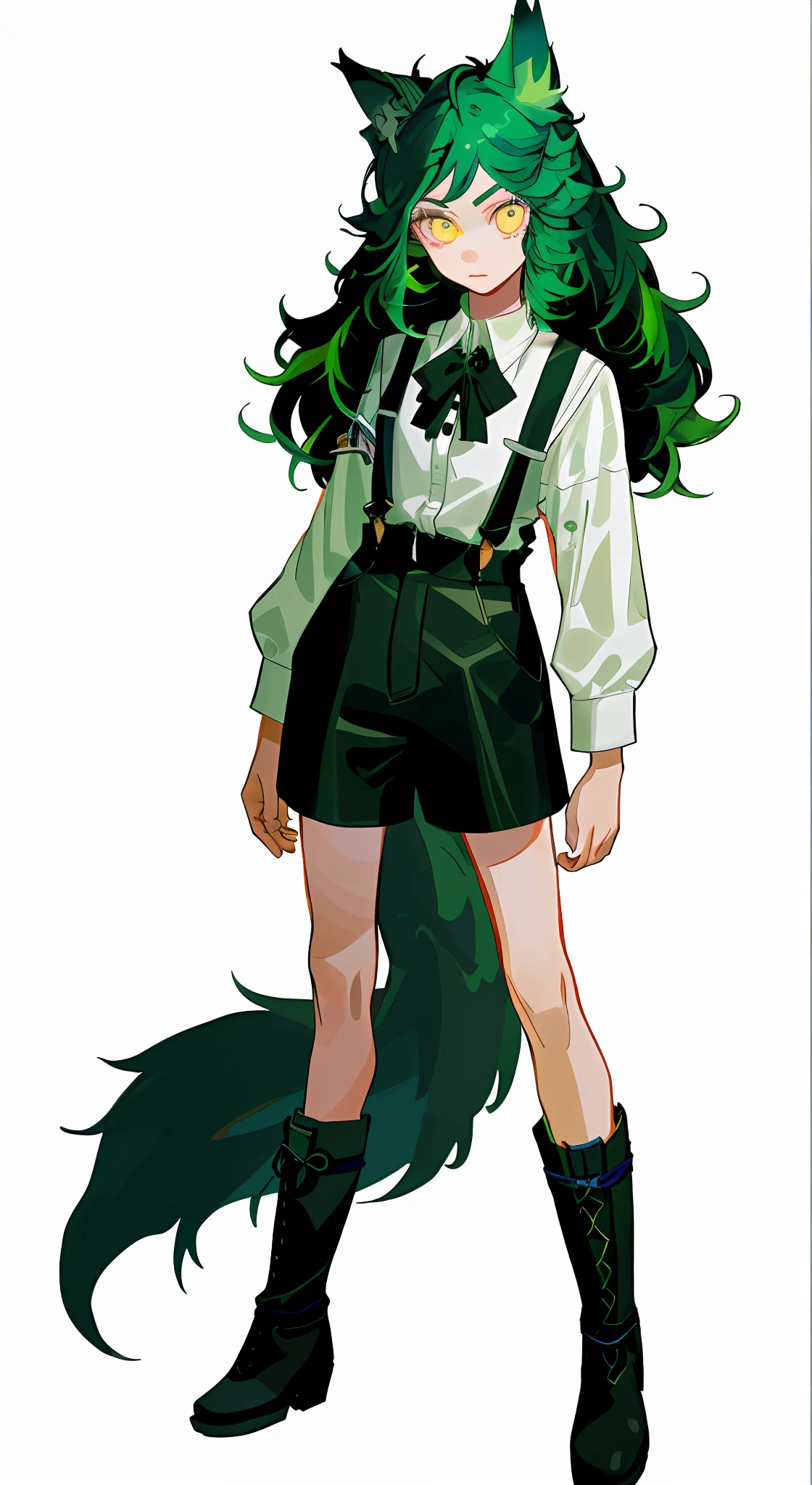 ((Masterpiece)),((Best Quality))),A Girl,(Simple Background.), White Background: 1.3), White Shirt, Black Suspenders, Black Leather Boots, Stand Straight, Full Body, Divinity, Light Green Hair, Mullet Head, Yellow Eyes, Wolf Ears, Expressionless, Depicted Eyes, Delicate Facial Features, Anatomically Correct, Pick Dye