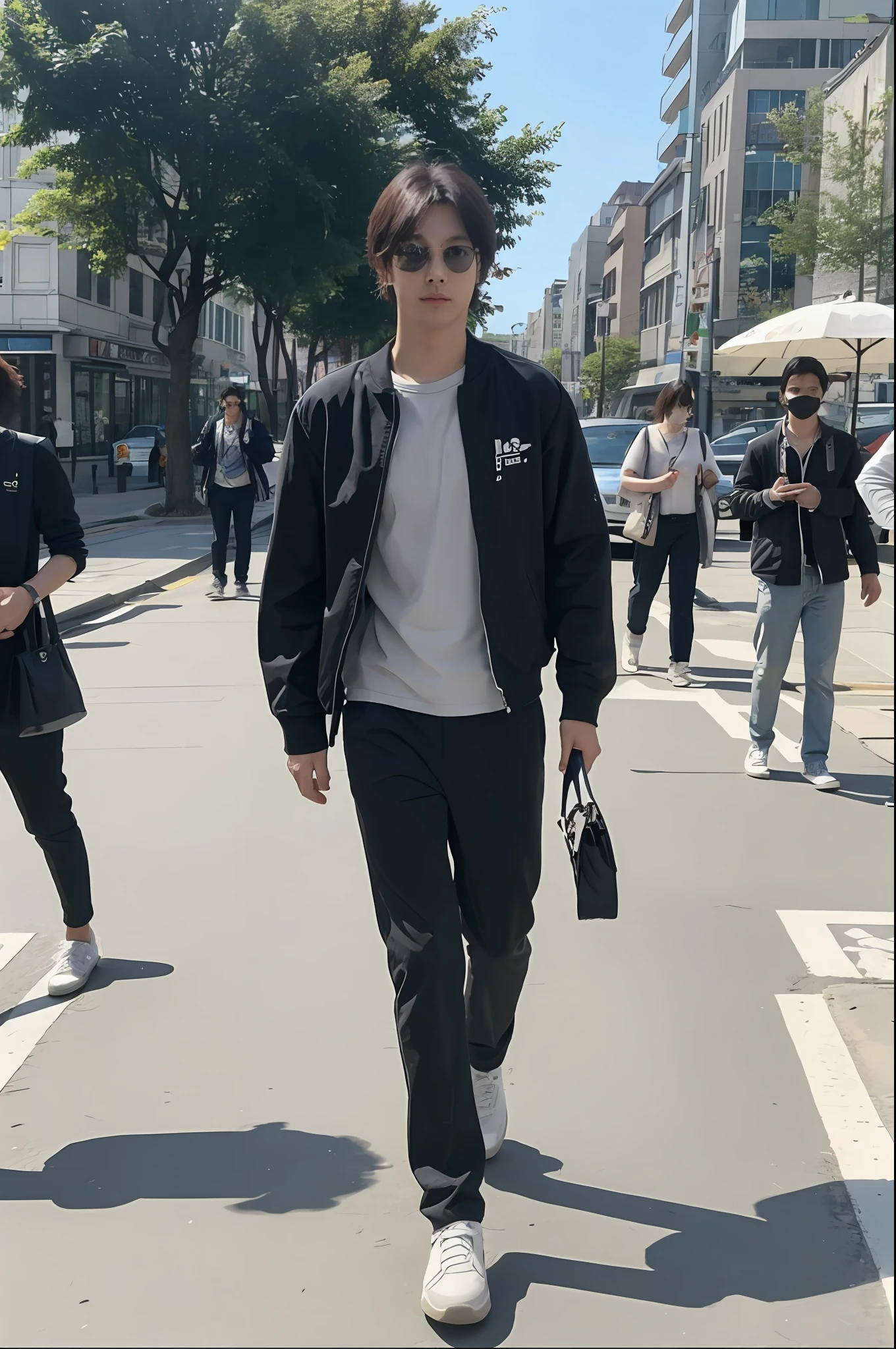 A man walking with bags in hand, street, paparazzi footage, sunny weather, video screenshot