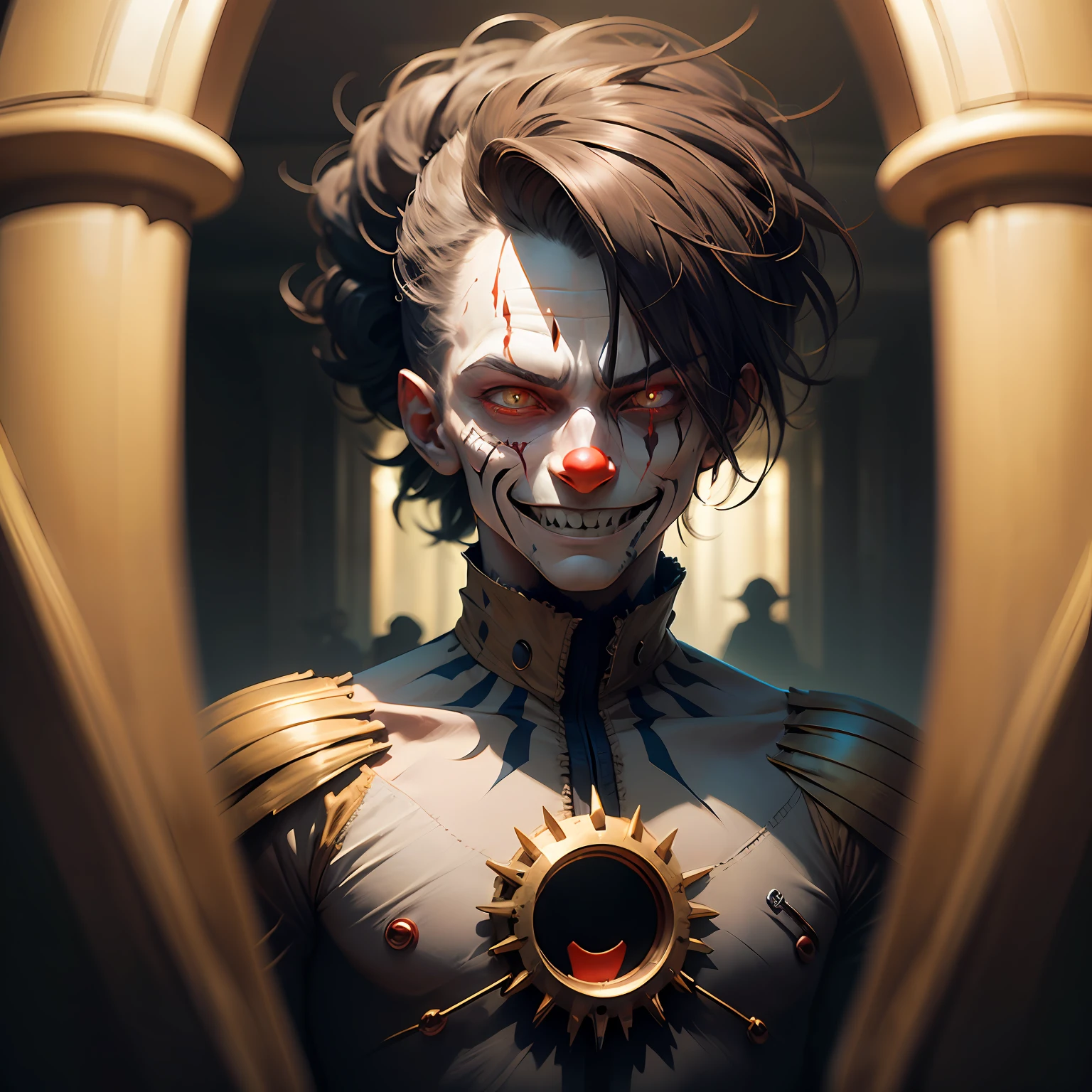 clown with shadows around him dark, demonic smile, eyes dark as a bright pitch, with sharp claws --auto