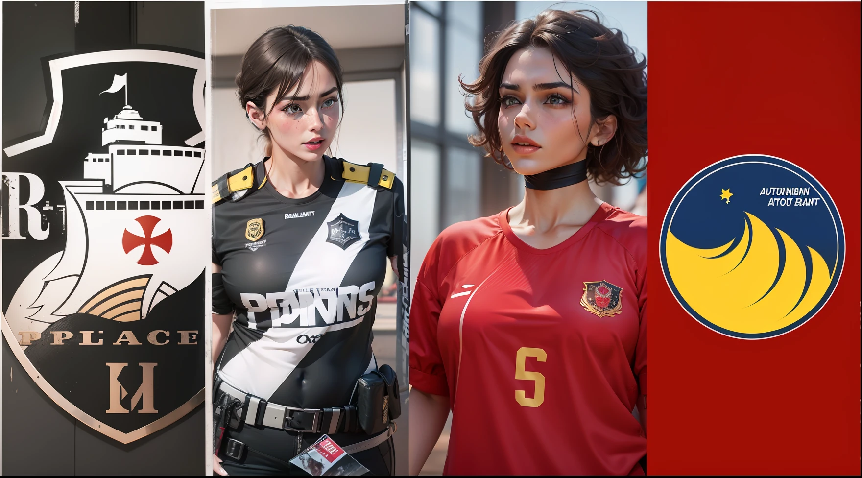 A femenino version that represents the world's best face, body, clothes two women who conveyed strength, and a lot of competitiveness in the beauty of face and body dressed in costume of policeman and bandit Two women in seductive short clothes celebrating --auto