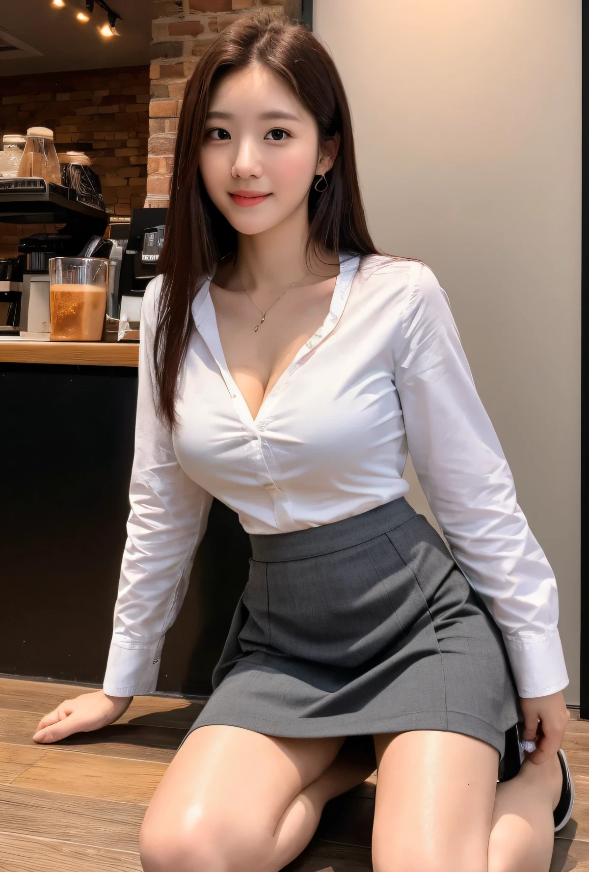 Masterpiece, photorealistic masterpiece, professional photography, in high resolution, attractive, posing, amazing full color, beauty, 1 girl, beautiful: 1.3, slender abs: 1.1, dark brown hair, (kneeling on the floor, legs open: 1.2), ultra-detailed face, highly detailed lips, detailed eyes, double eyelids, standing in the center of a coffee shop, dark room, dark night, Backlit details from the window, muted colors, 35mm masterpiece, smile, , simple white shirt, ((viewer view: 1.1)), (((long flared skirt)), cowboy shot, (spread your legs), (lift yourself a skirt)), ((show yourself panties)), othes, (ruffled panties), panty shte panty