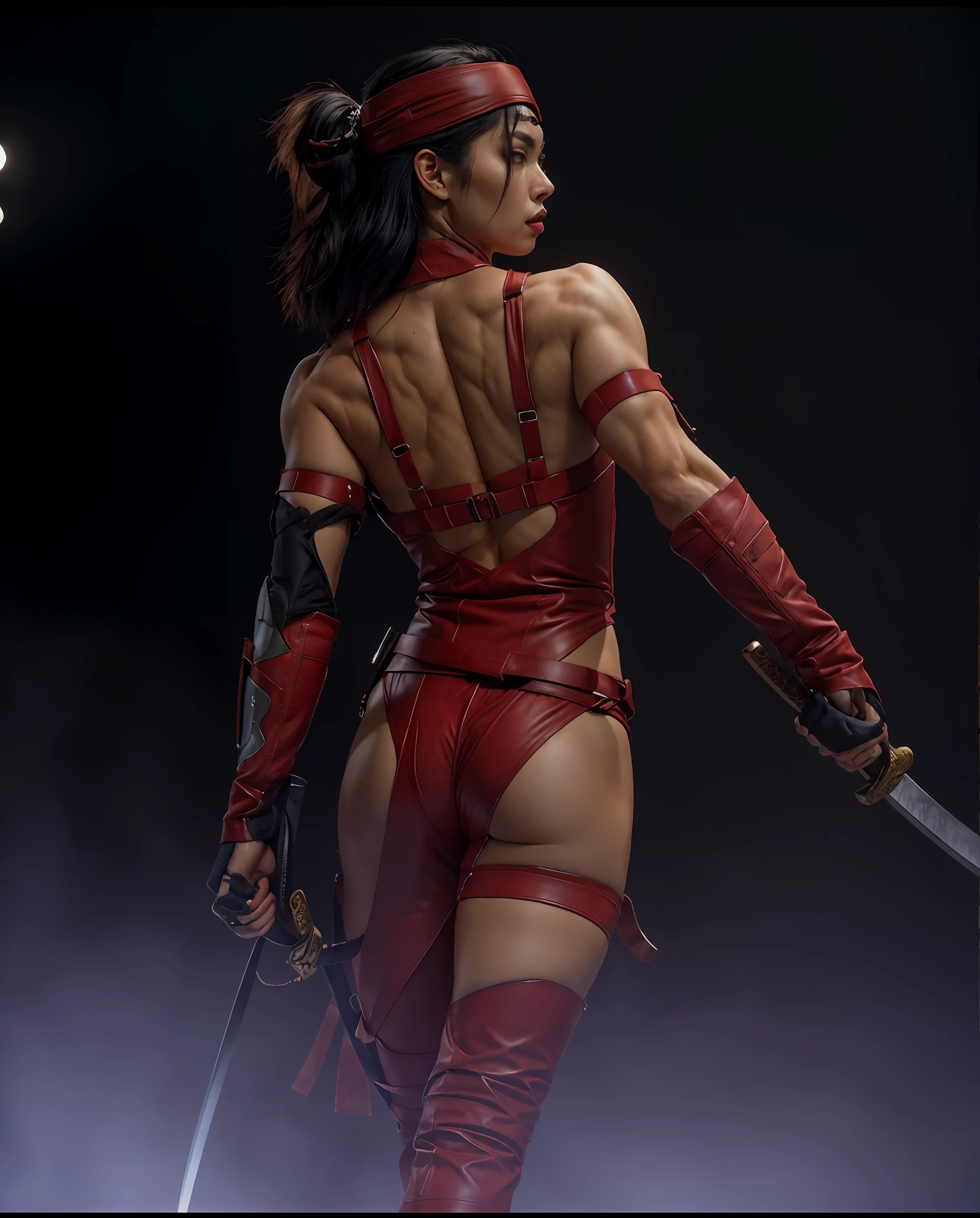 "Muscular and sexy woman, dominating the scene with her black hair and red leather suit, holding a samurai katana with mastery. Dramatic lighting highlights his powerful presence. Do justice to your strength and beauty in a 4K work of art."