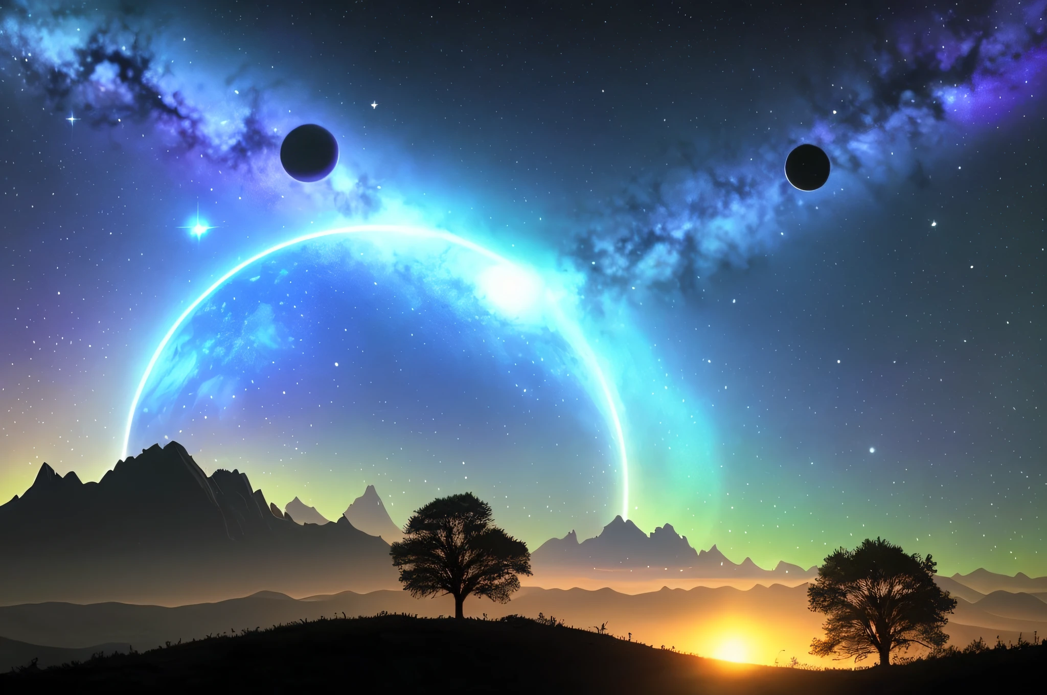 a view of a planet with a bright blue ring and a few trees, magnificent background, cosmic landscape, alien dream worlds, surreal space, fantasy planet, planets in the sky, planets in the skies, galactic landscape, planet landscape, heaven planet in background, alien planet in the sky faraway, planet and stars, large planets in the background, planets behind