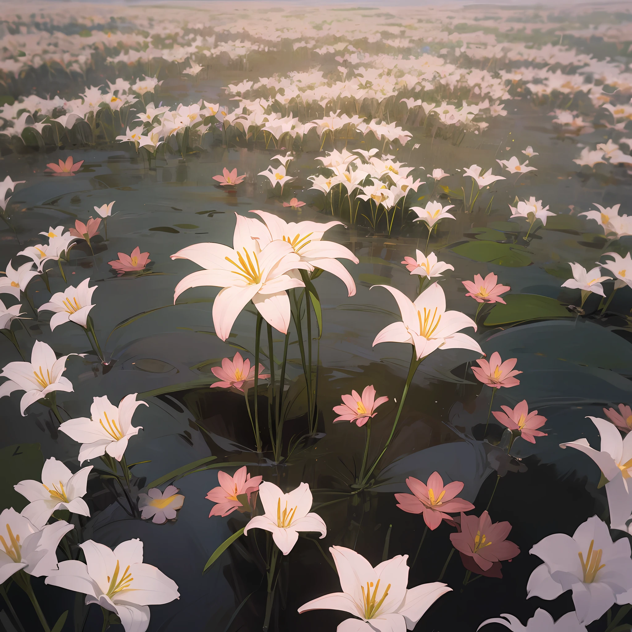 Flowering field of lilies at night with moonlight on it, low lighting, super detailed, super realistic, detailed, high quality, high definition, 8k, 4k, 16k, full HD, high resolution --auto