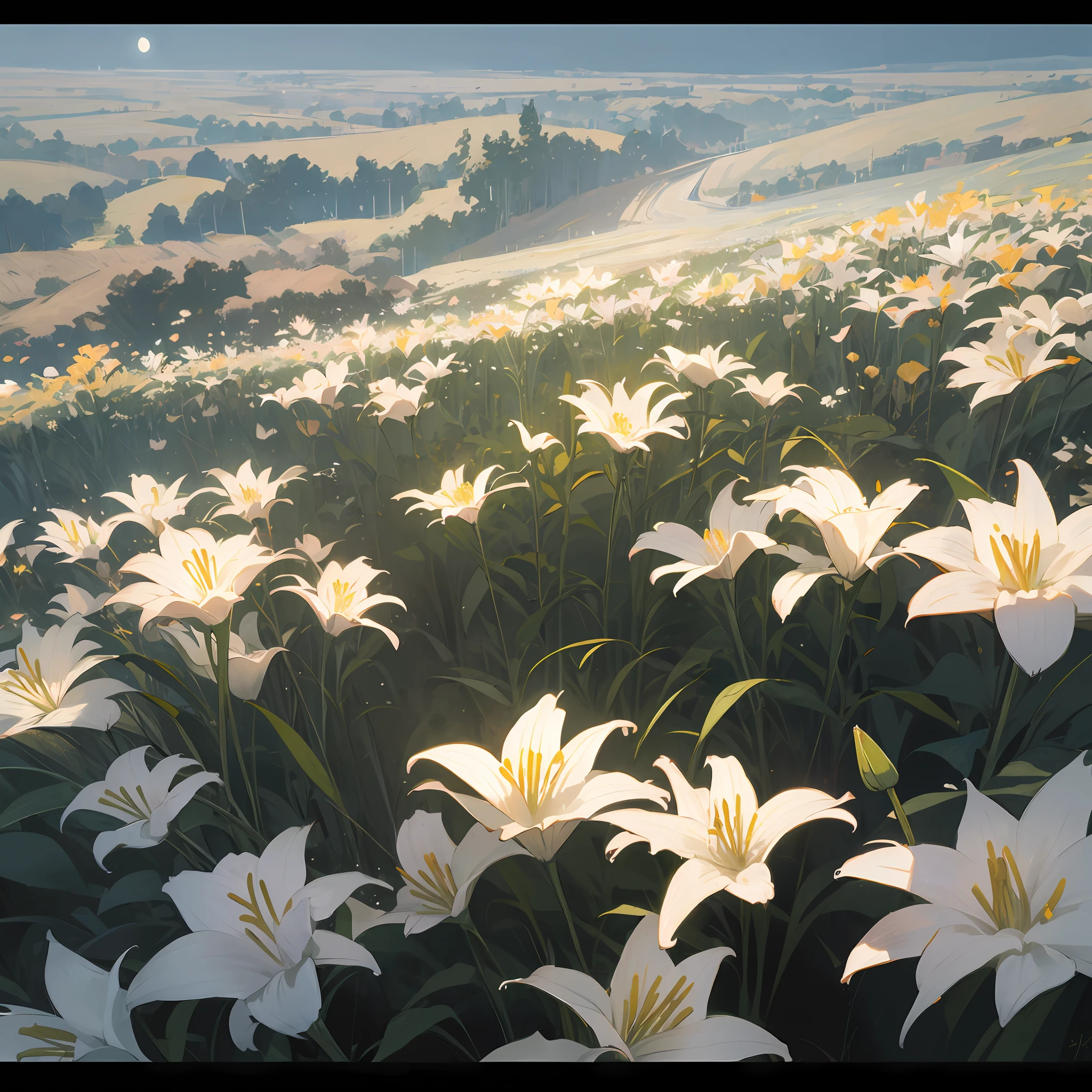 Flowering field of lilies at night with moonlight on it, low lighting, super detailed, super realistic, detailed, high quality, high definition, 8k, 4k, 16k, full HD, high resolution --auto