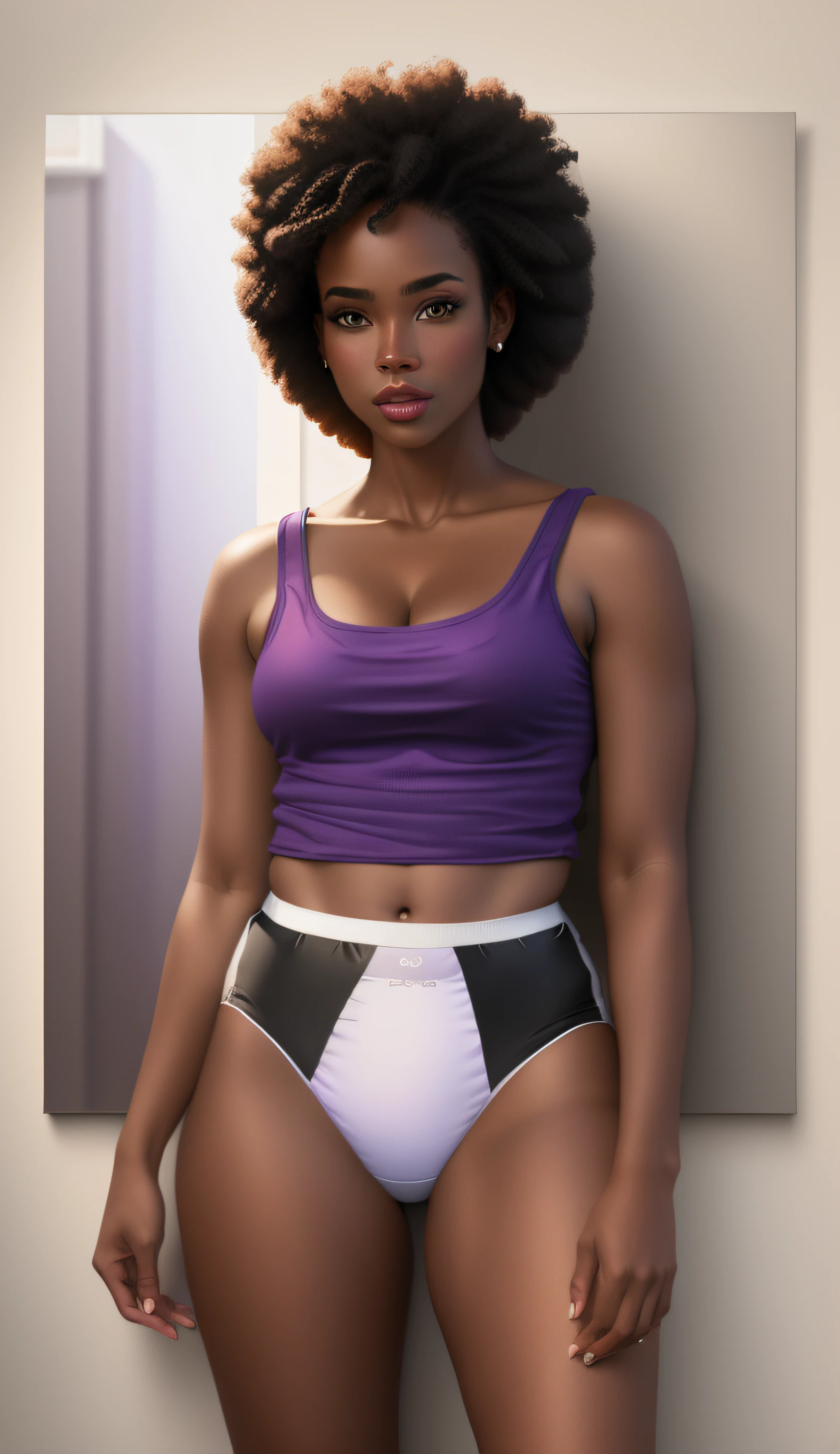 Black woman with Afro, in purple tank-top, and white cotton panties, realistic art style, intricate details