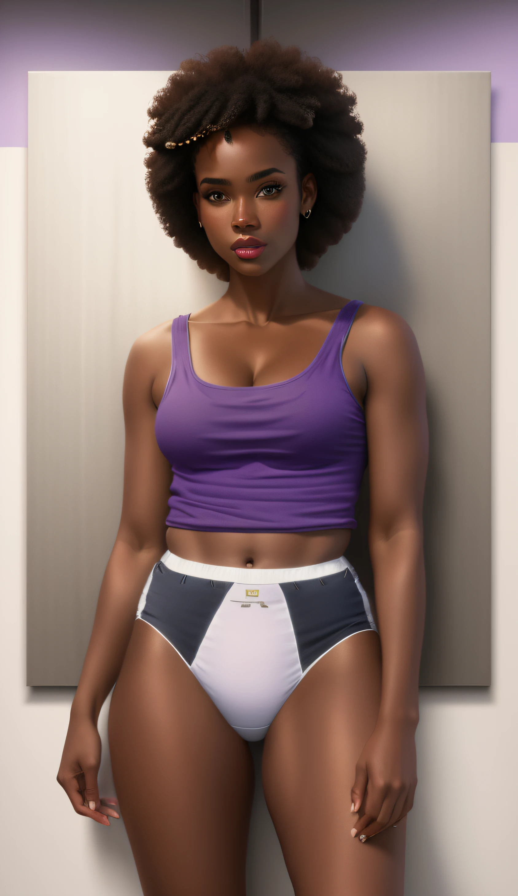 Black woman with Afro, in purple tank-top, and white cotton panties, realistic art style, intricate details