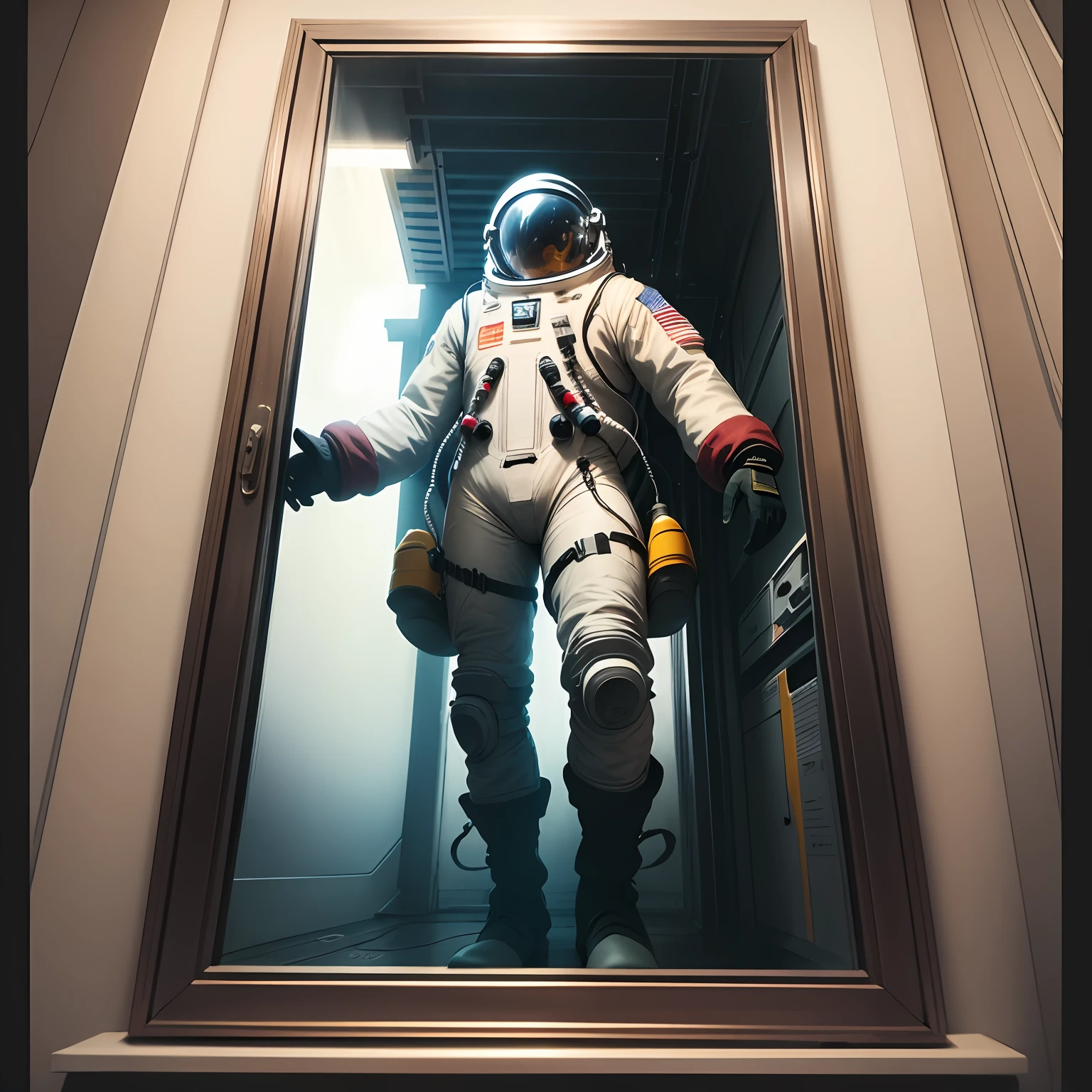 jetpilot crew, CCCP poster, Soviet poster, narrow color palette, Soviet poster, Soviet, Communism, Fighter aviation suit:olive_clothing_body:jumpsuit), gloves, boots espaço_oliva, capacete_oliva, the yellow letters CCCP on the top of the helmet, side light, reflection, Salyut space station), Space station, fight jet, Reflected sunlight, Silver metal, red flag, Brightness, USSR style,  diffuse reflection, metallic texture, The view is a blue Earth, mecha style, the sea of stars, high tone, magnificent, chromatic aberration, film grain, framed, border, afterimage, from below, atmospheric perspective, bokeh, 16k, super detail, best quality