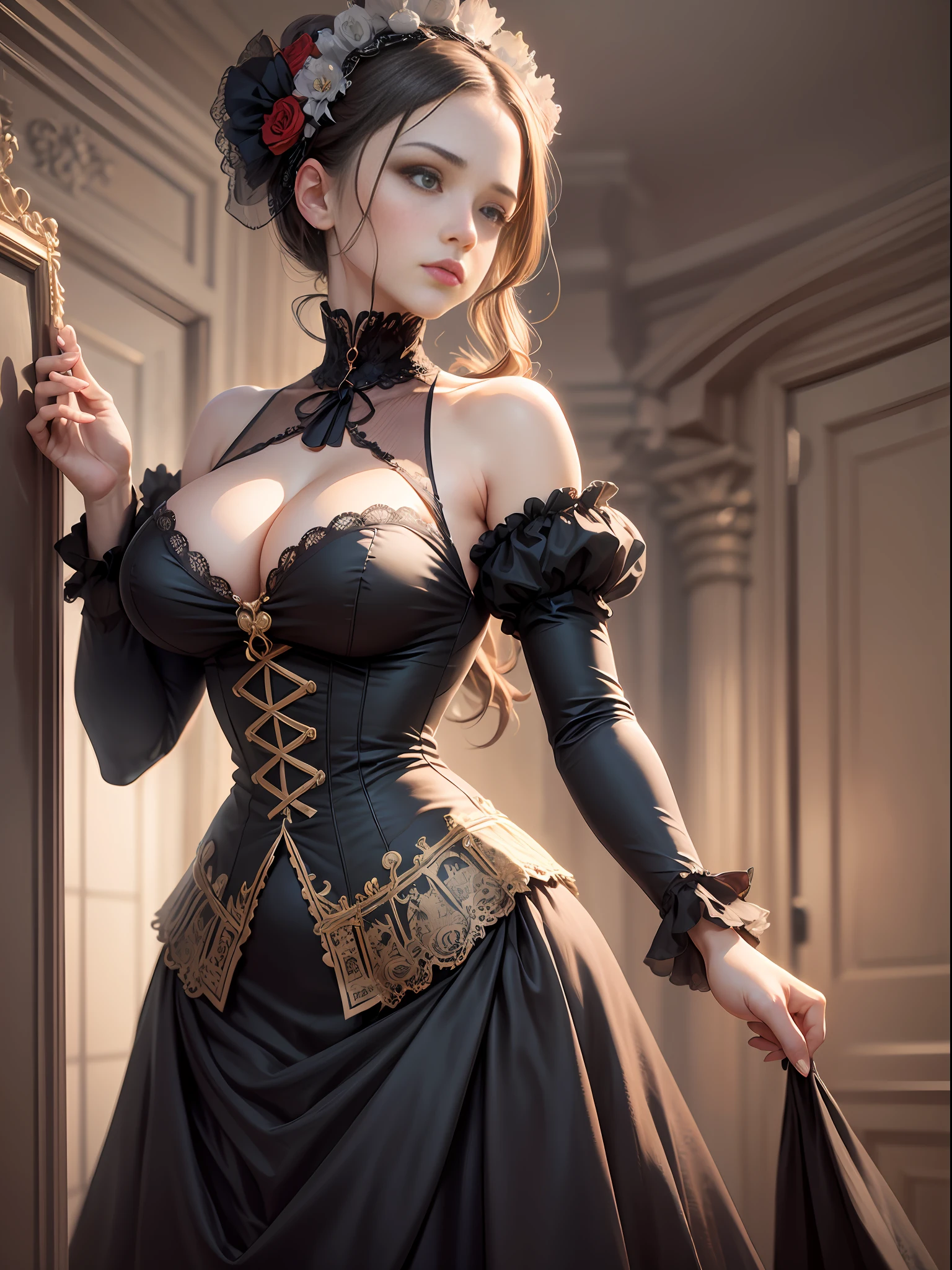 (Pure Color: 0.9), (Color: 1.1), (Masterpiece: 1,2), Best Quality, Masterpiece, High Resolution, Original, Highly Detailed Wallpaper, Beauty, Beauty, Victorian, Dress, Melancholy, Big Breasts, --auto --s2