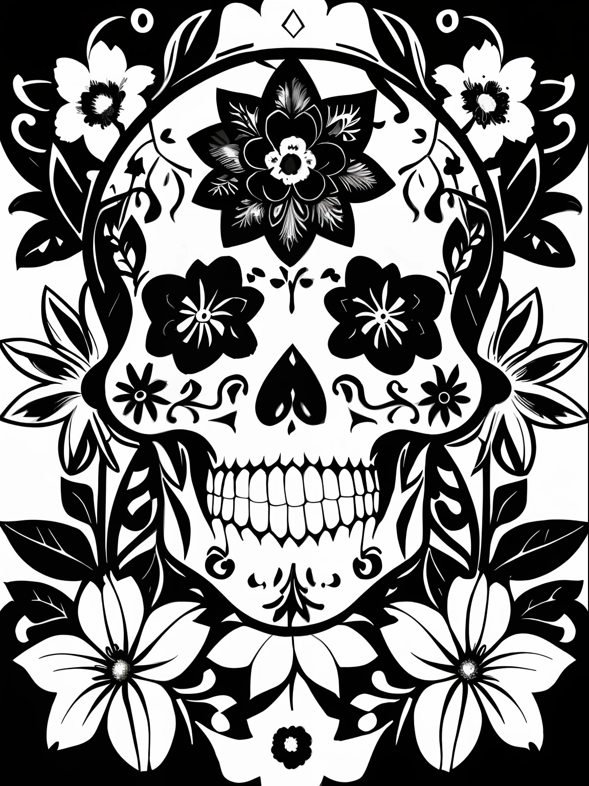 (Best quality), (masterpiece), (ultra detailed), (high detail), (extremely detailed), decorated sugar skull + black and white ink + detailed texture + magic + symmetrical + symmetry + bouquet of flowers + flowers + vines + detailed ink illustration + rebirth symbols + tarot card with ornate border frame + dark atmosphere + flowers + white, black and white background, coloring page, vector, black and white, 32k