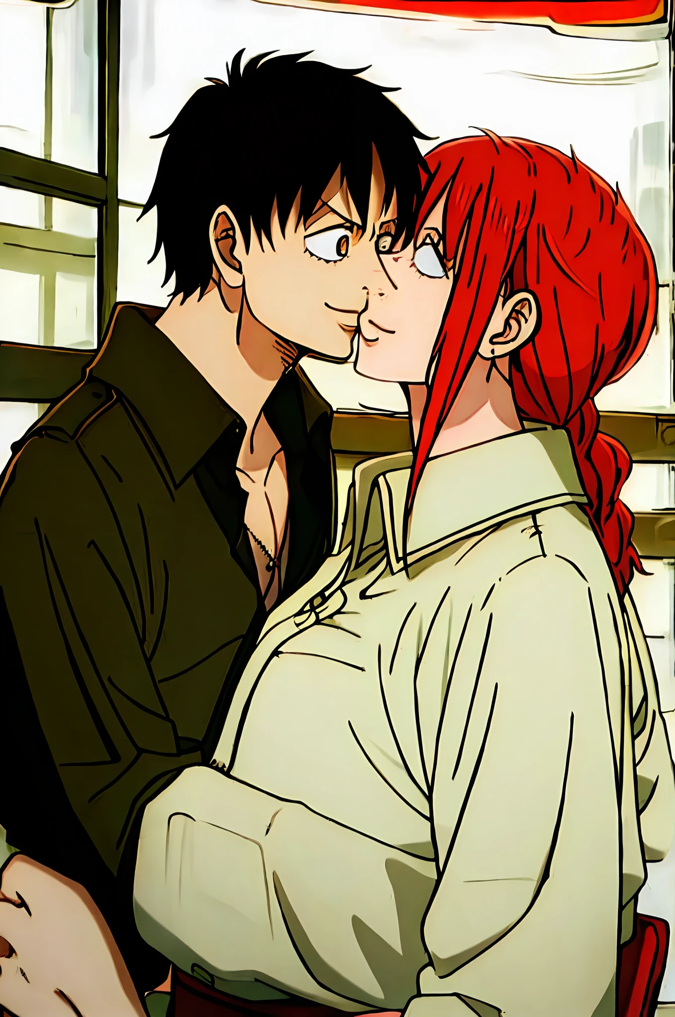 makima , monkey d.luffy, couple, husband and wife,happy, lovey dovey,french kiss
