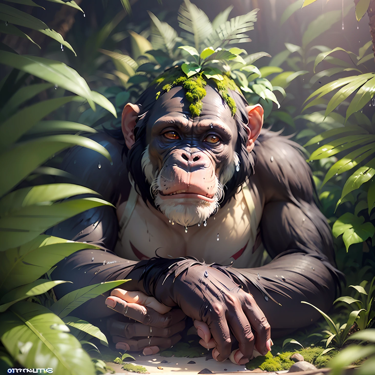 Chimpanzee ((praying)) in a dense jungle, he wears headdress with colorful feathers on his head, around him many wet foliage after heavy rain,,((masterpiece)))), (((best quality))), (((ultra-detailed)), (hyper-realistic), (highly detailed CG illustration), cinematic light, photorealistic, moss on the ground