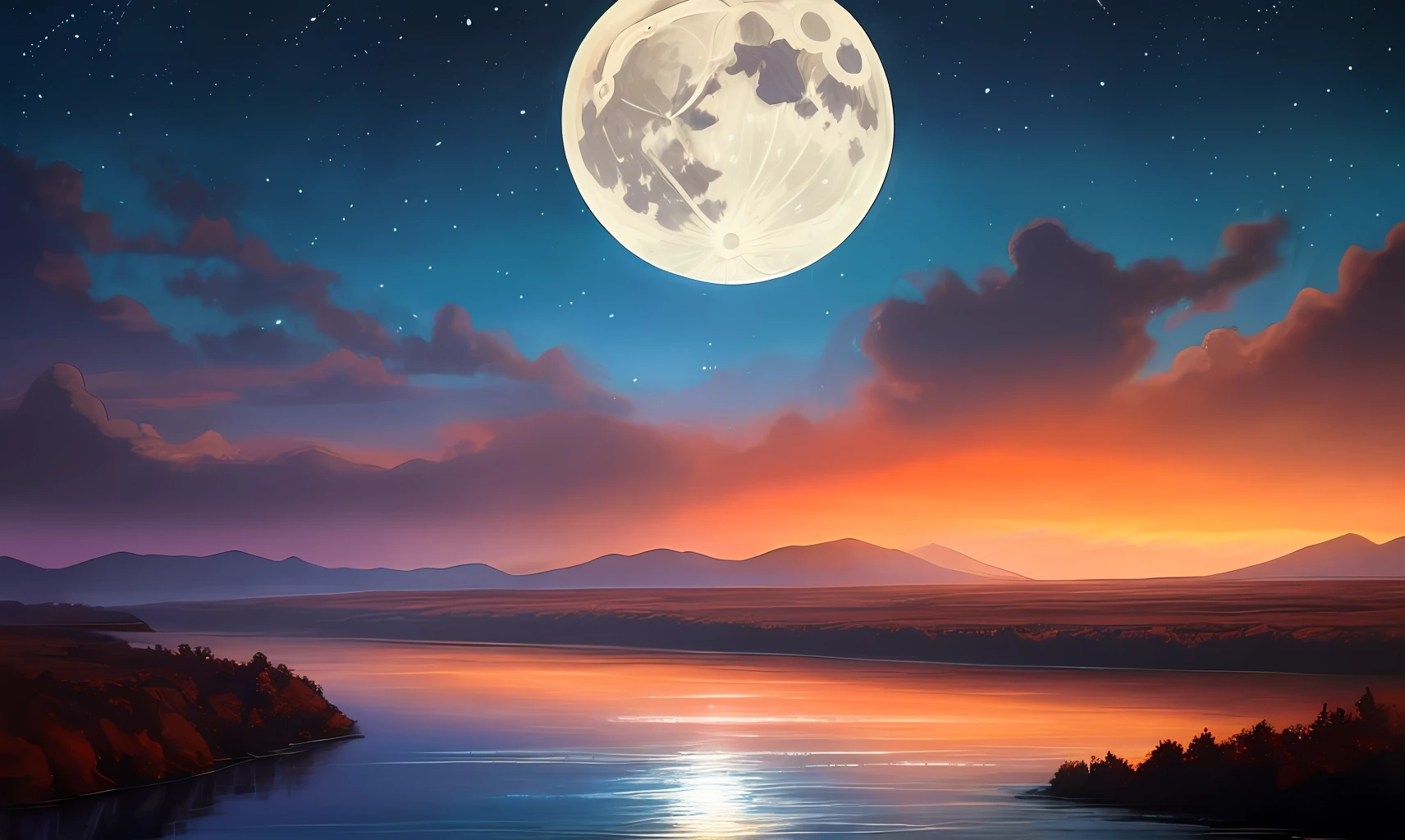 A painting of a river with stars and moon in the sky, concept art inspired by Tosa Mitsuoki, pixiv contest winner, best quality, fantasy art, beautiful anime scene, a bright moon, moonlit starry environment, dream painting, Anime Background Art, Fantasy Landscape Art, Fantasy Night, Anime Background, Background Artwork, Fantastic Art, Atmospheric Anime, Starry Sky, Detail Enhanced.