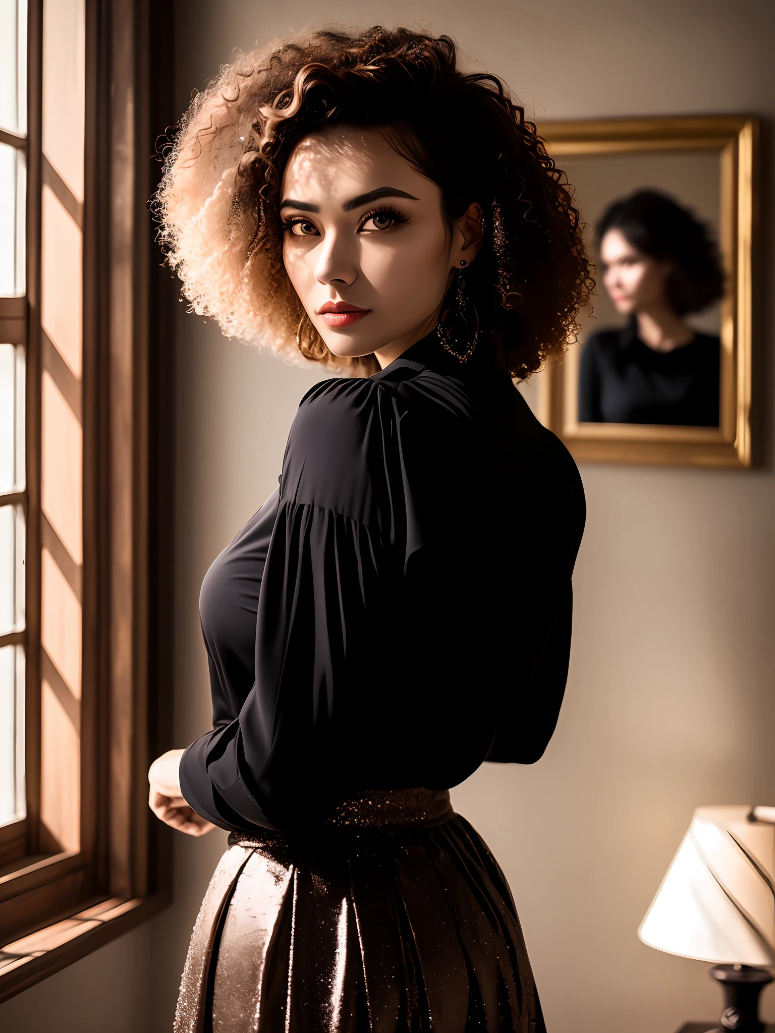 Woman with curly hair, wearing skirt and blouse, detailed seductive eyes, in a modern room, masterpiece, detailed, elegant, best quality, diffuse wide light, backlighting, bloom, light sparkles, chromatic aberration, soft, sharp focus, dark brown eyes, black, hair on shoulders