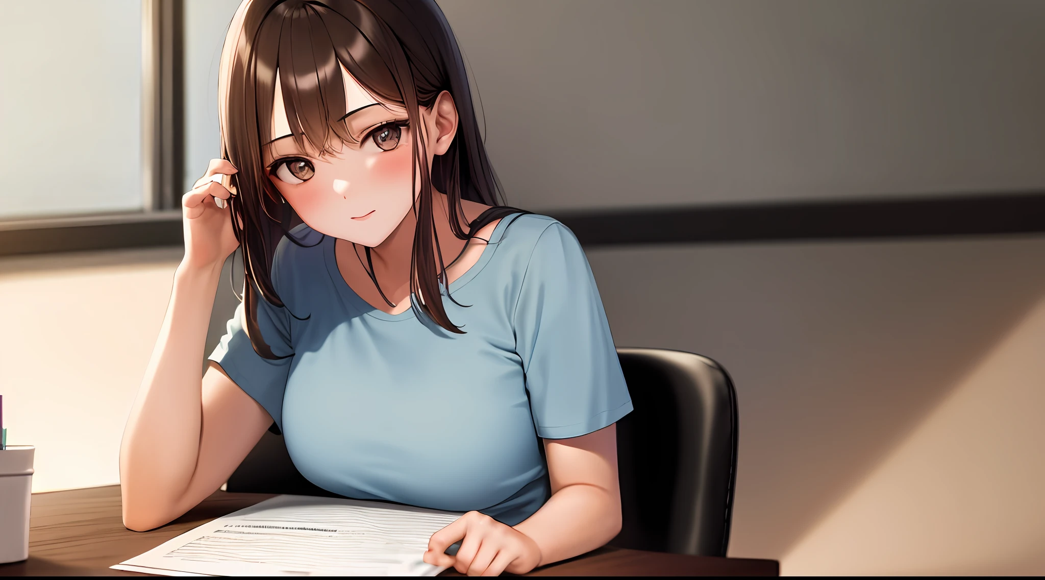 masterpiece, best quality, high resolution, one girl, loose t-shirt, girl sitting in chair studying drafting at desk, horizontal angle, studying, paperwork, brown hair, good luck studying, drafting, center parting hair