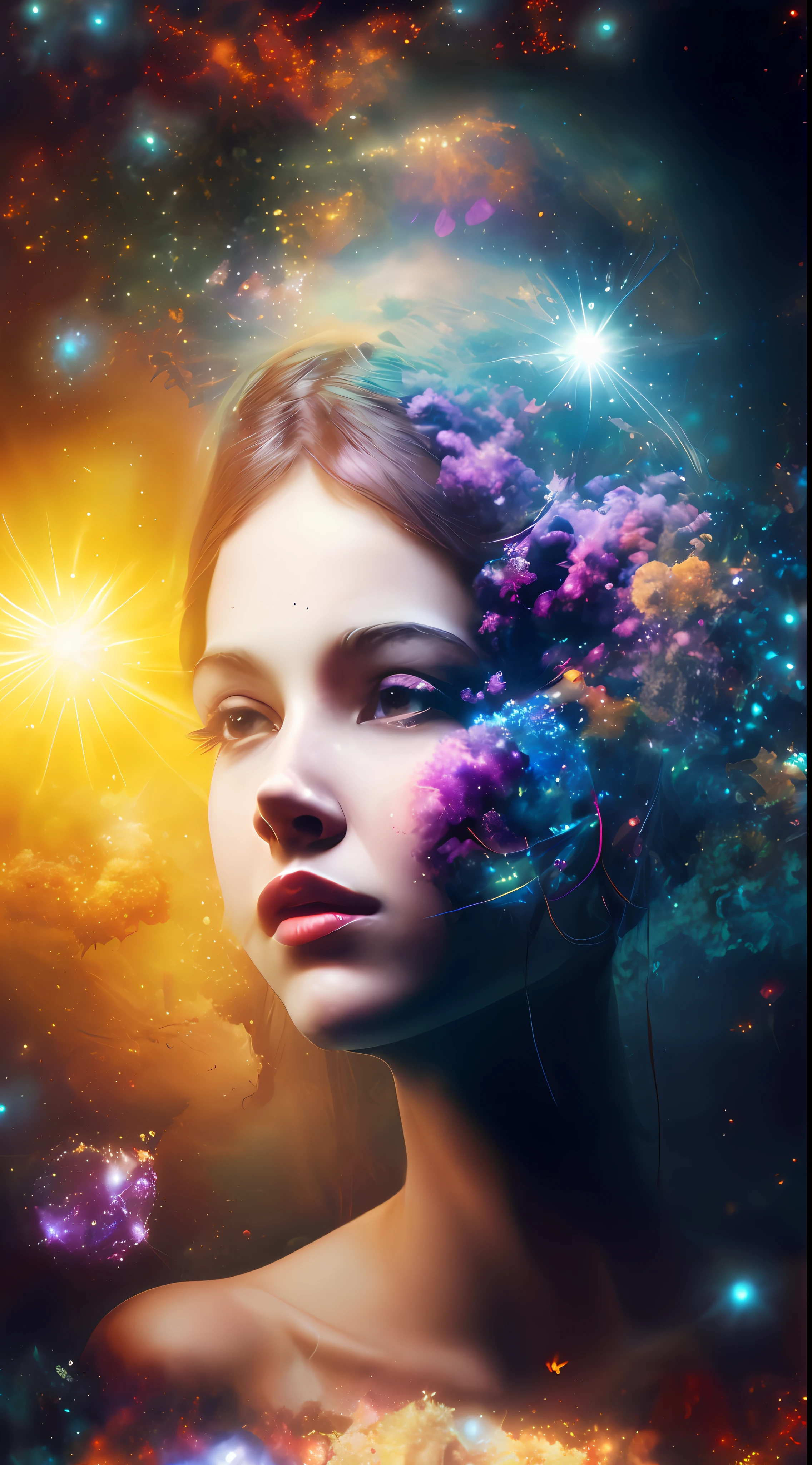 Incredible and spectacular scene, a "((high quality)), (detailed)), ((fantasy)), illustration, perspective (45 degree tilt angle), theme (enchanted forest style), scene elements (handsome boy, beautiful girl), picture quality (3D rendering effect), exquisite details, beautiful lights "emerge from glowing clouds, fractal nebula lines, cosmic entities, celestial bodies, universes, vibrant and vivid, swirling, rotating, impractical, high contrast, co-metabolic, magical, mysterious, mysterious, surreal, Oversaturated, colorful