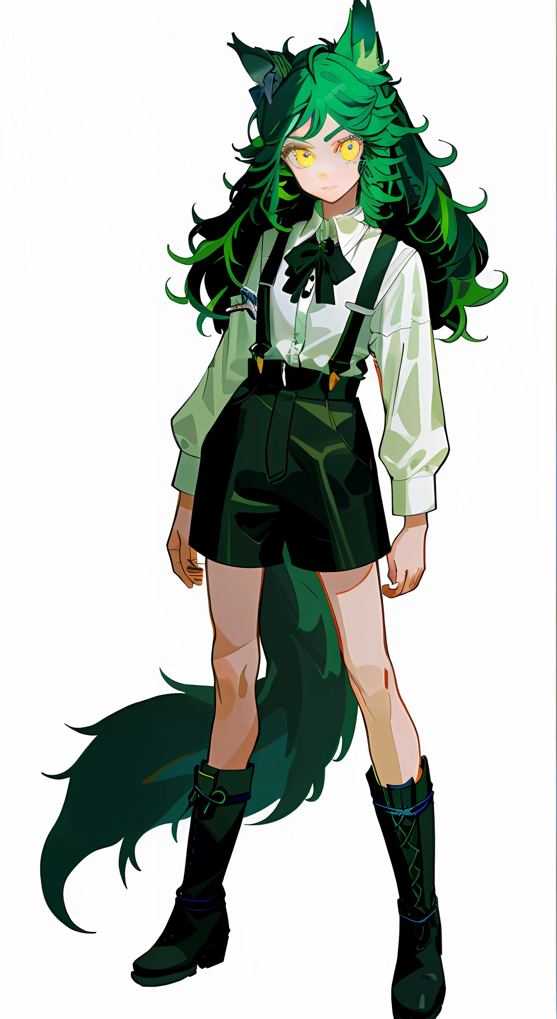 (((Masterpiece)),((Best Quality))),A Girl,(Simple Background.), White Background: 1.3), White Shirt, Black Suspenders, Black Leather Boots, Stand Straight, Full Body, Divinity, Light Green Hair, Mullet Head, Yellow Eyes, Wolf Ears, Expressionless, Depicted Eyes, Delicate Facial Features, Anatomically Correct, Looking at the Audience, Treated Hair