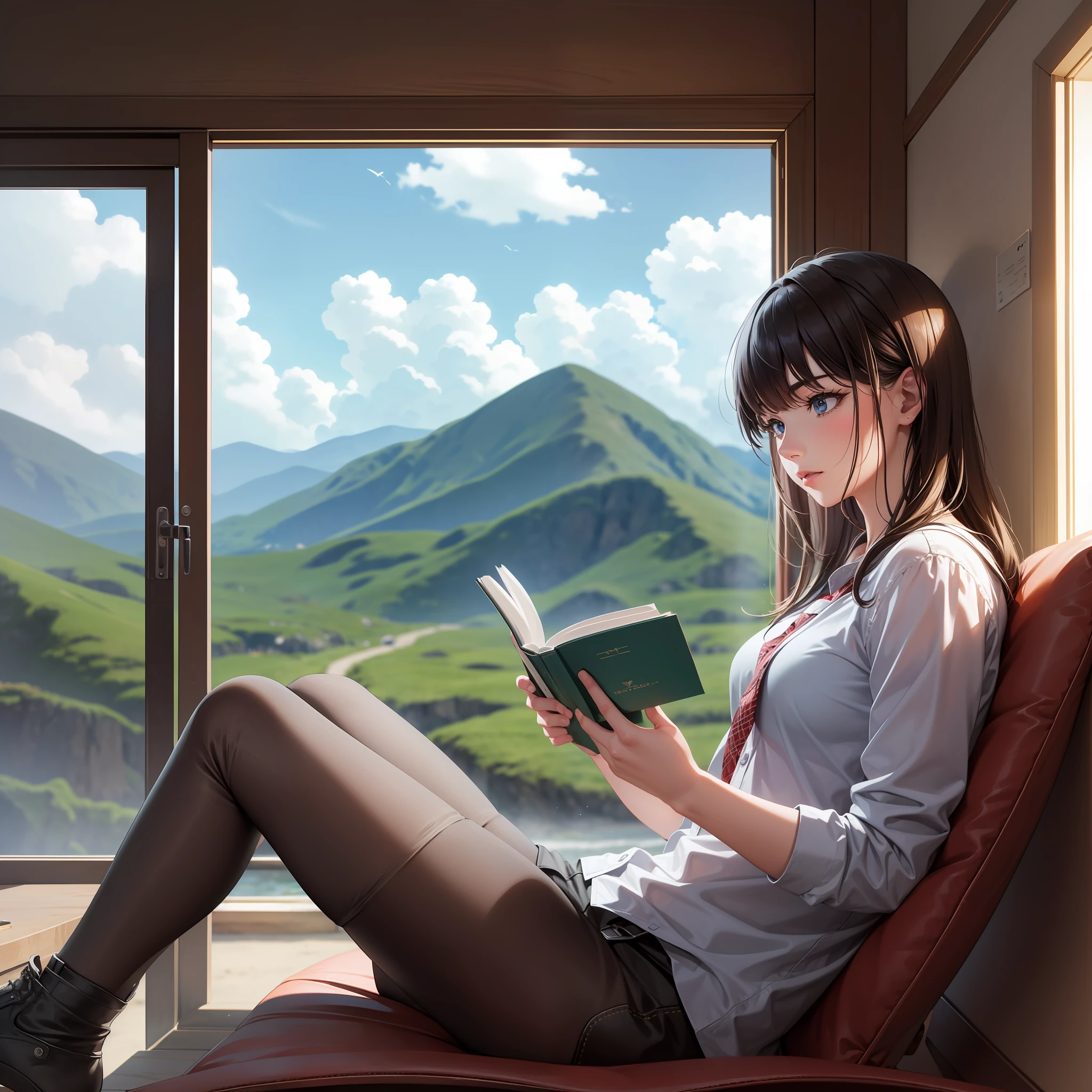 Ultra realistic, 4K, man, sitting, reading a book, with a beautiful landscape in the background